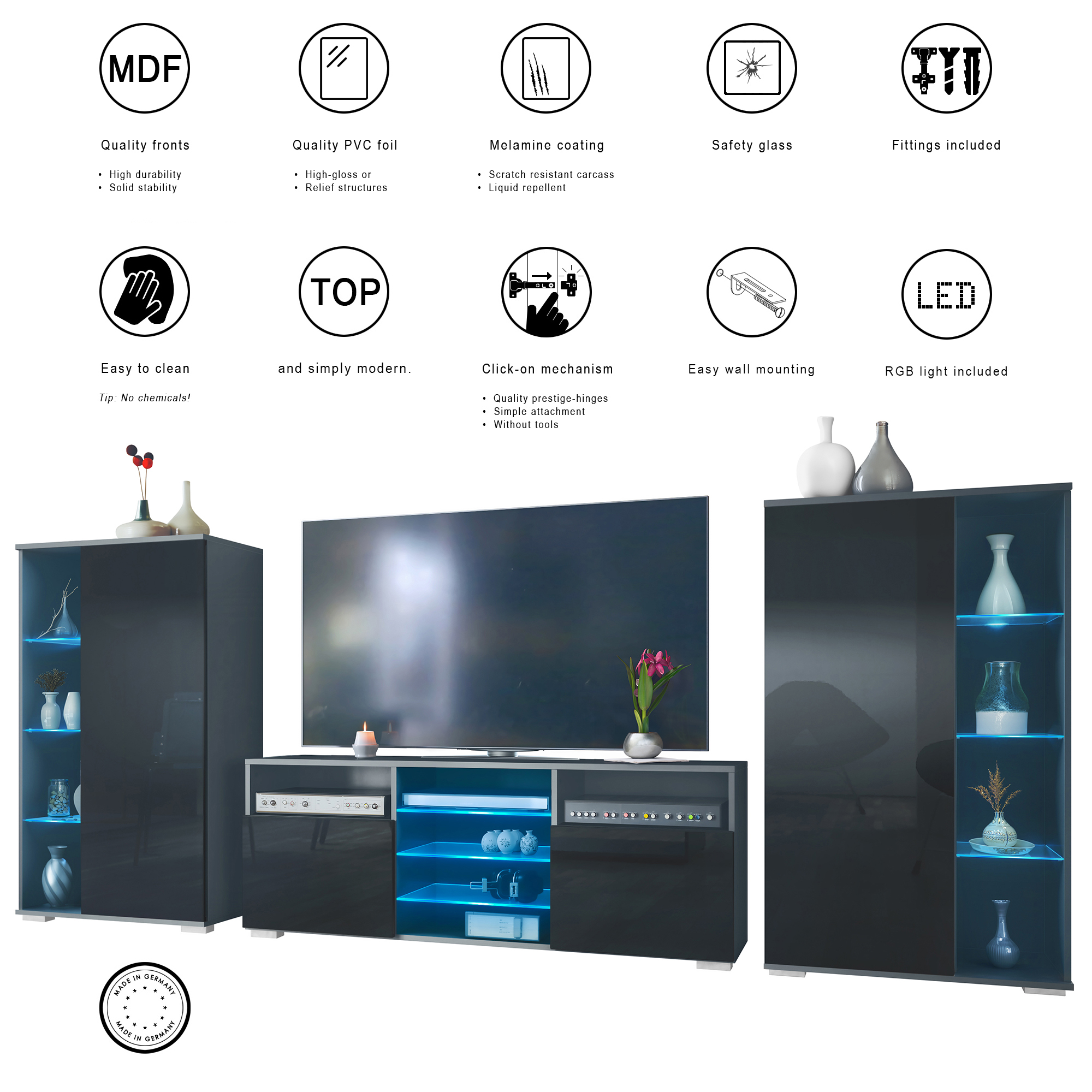 Wohnwand Davos LED 3-tlg. bestehend aus 2 Vitrinen, 1 TV-Board und LED-Beleuchtung Anthrazit matt/Eiche sägerau (329 x 134 x 35 cm)