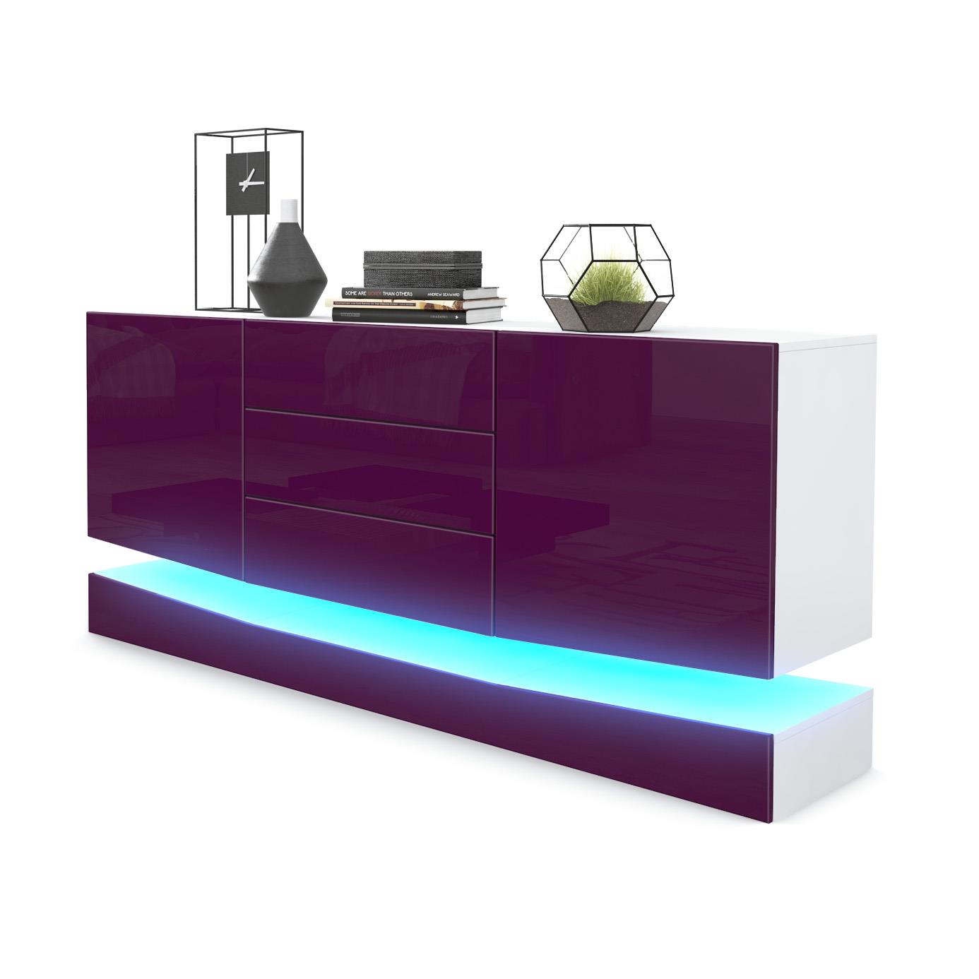 Sideboard City und 3 Schubladen inkl. LED-Beleuchtung,  Weiß matt/Brombeer Hochglanz (178 x 72 x 38 cm)
