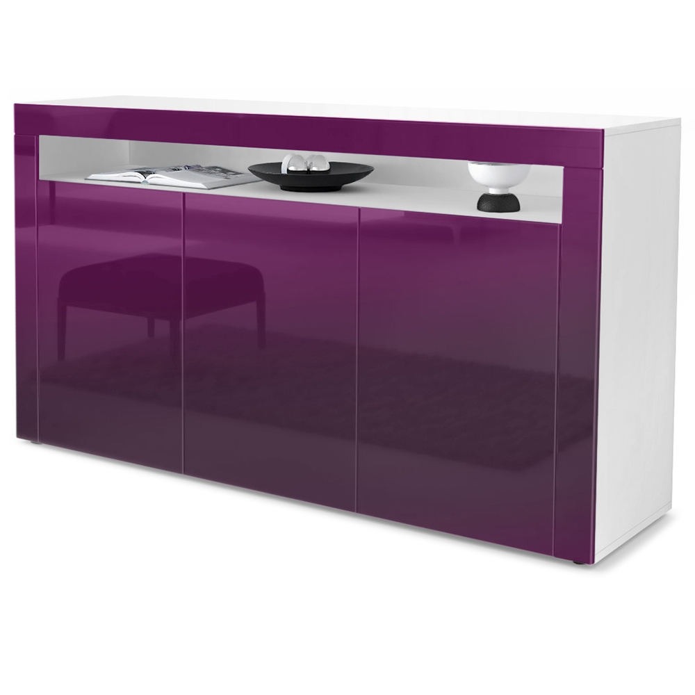 Sideboard Valencia mit 3 Türen und 1 offenem Fach Weiß matt/Brombeer Hochglanz/Brombeer Hochglanz (155 x 92 x 40 cm)