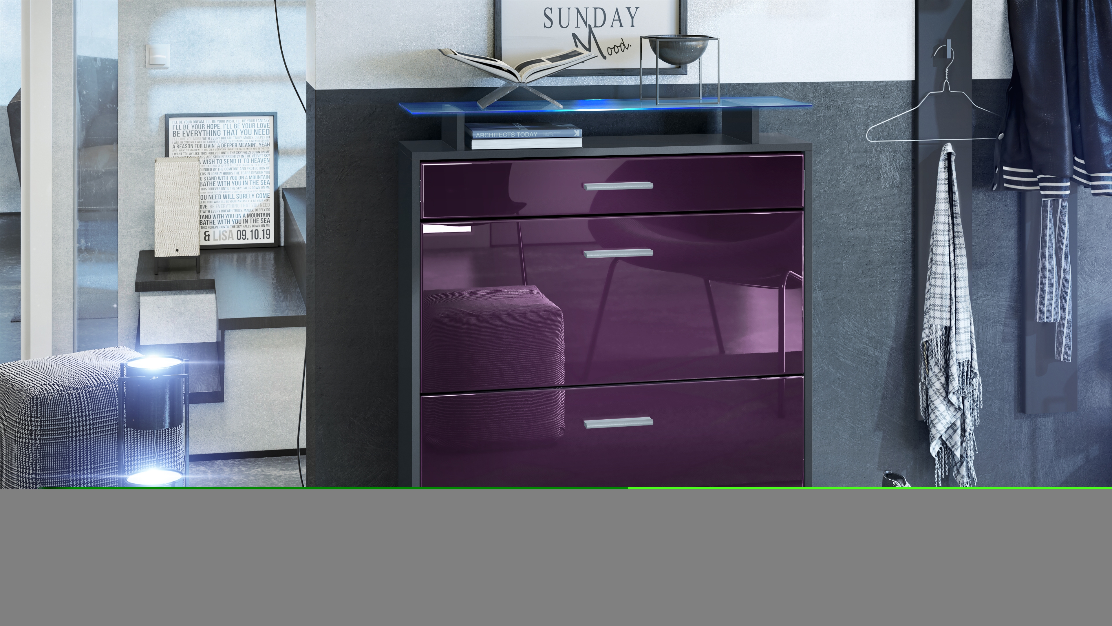 Schuhschrank Malea mit 2 Klappen und 1 Schublade und Glasablage Anthrazit matt/Brombeer glänzend, mit Beleuchtung blau (89x96x23 cm)