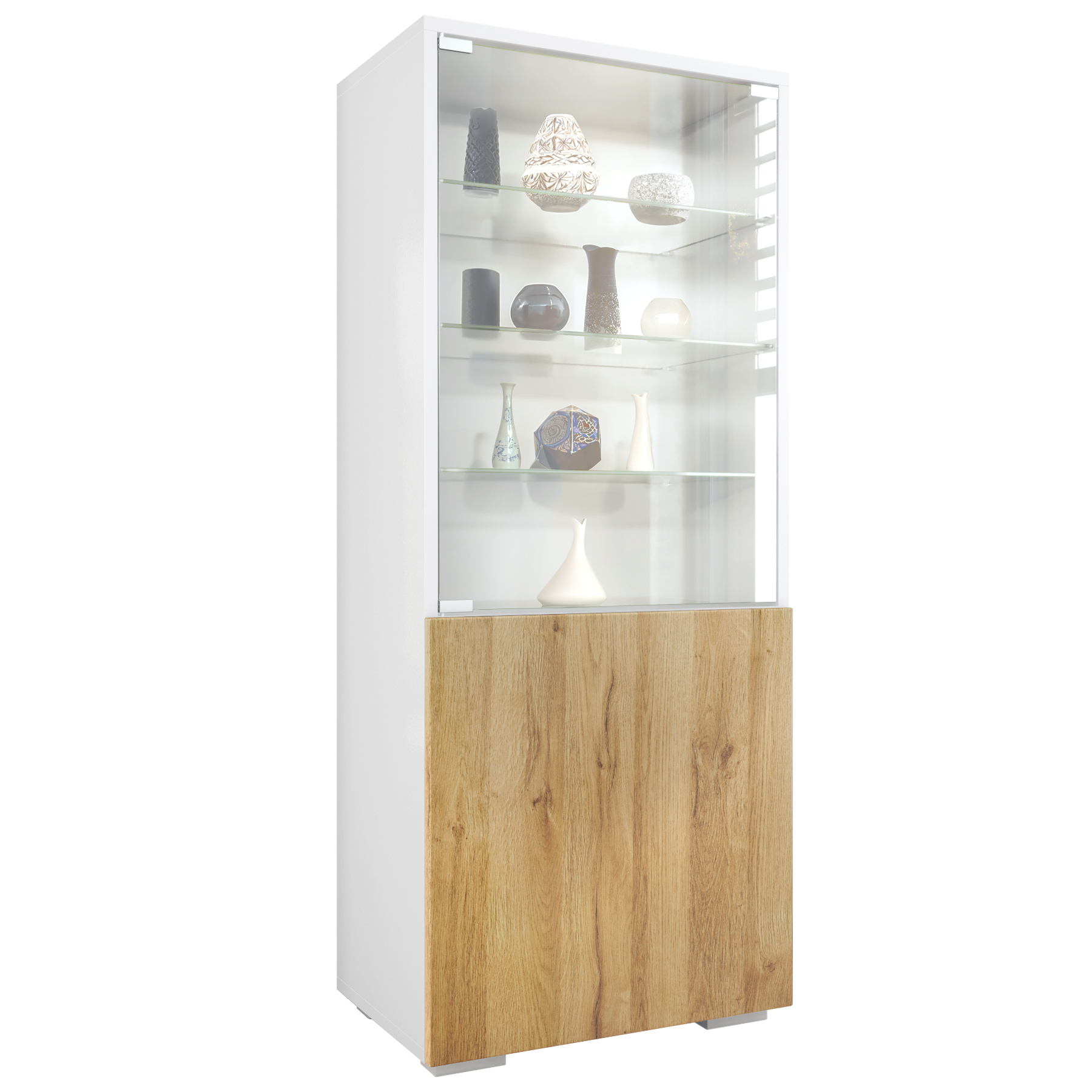 Granada Vitrine Weiß mit Glastür und Glaseinsatz Weiß matt/Eiche Natur (50 x 122,5 x 34,5 cm)
