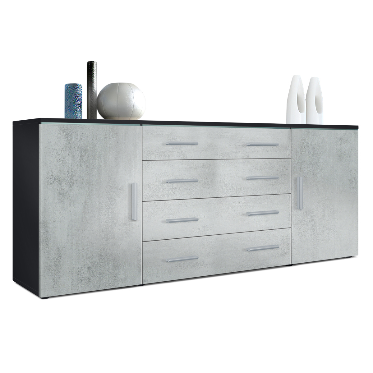 Sideboard Faro V2 mit 2 Türen und 4 Schubladen Schwarz matt/Beton Oxid Optik (166 x 72 x 35)