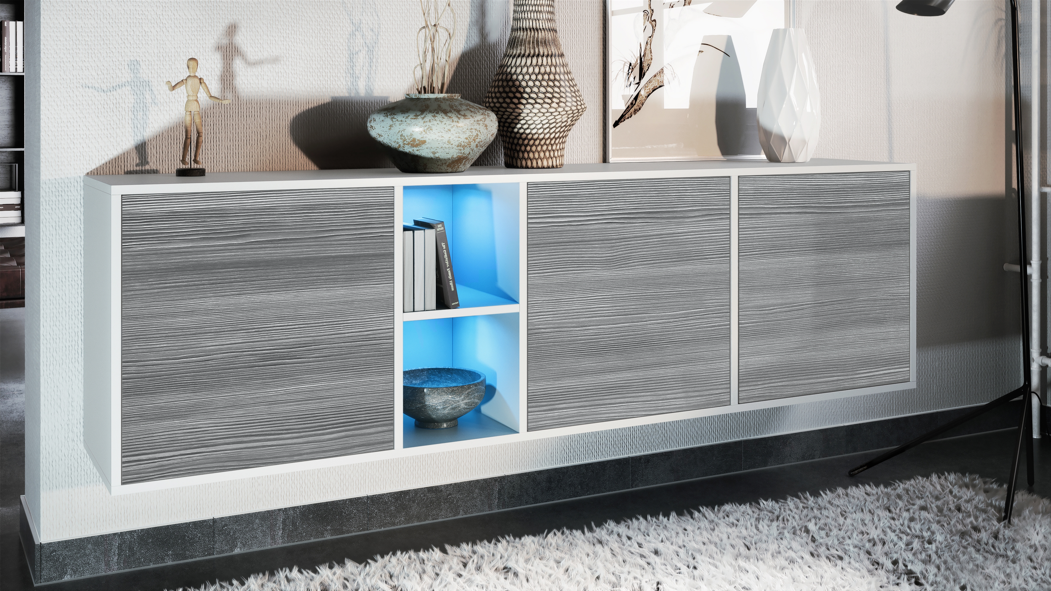 Sideboard Cuba  mit 3 Türen und 2 offene Fächer Weiß matt/Avola-Anthrazit inkl. LED-Beleuchtung (182 x 53 x 35 cm)