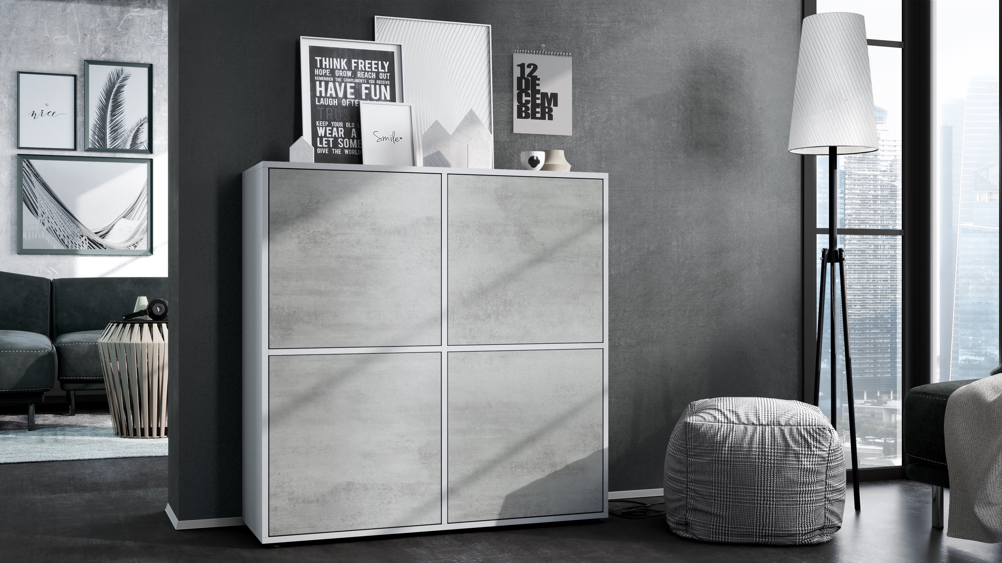 Highboard Cuba V2 Sideboard mit 4 Türen Push-to-Open, Made in Germany Weiß matt / Beton Oxid Optik (104 x 105,5 x 35,5 cm)