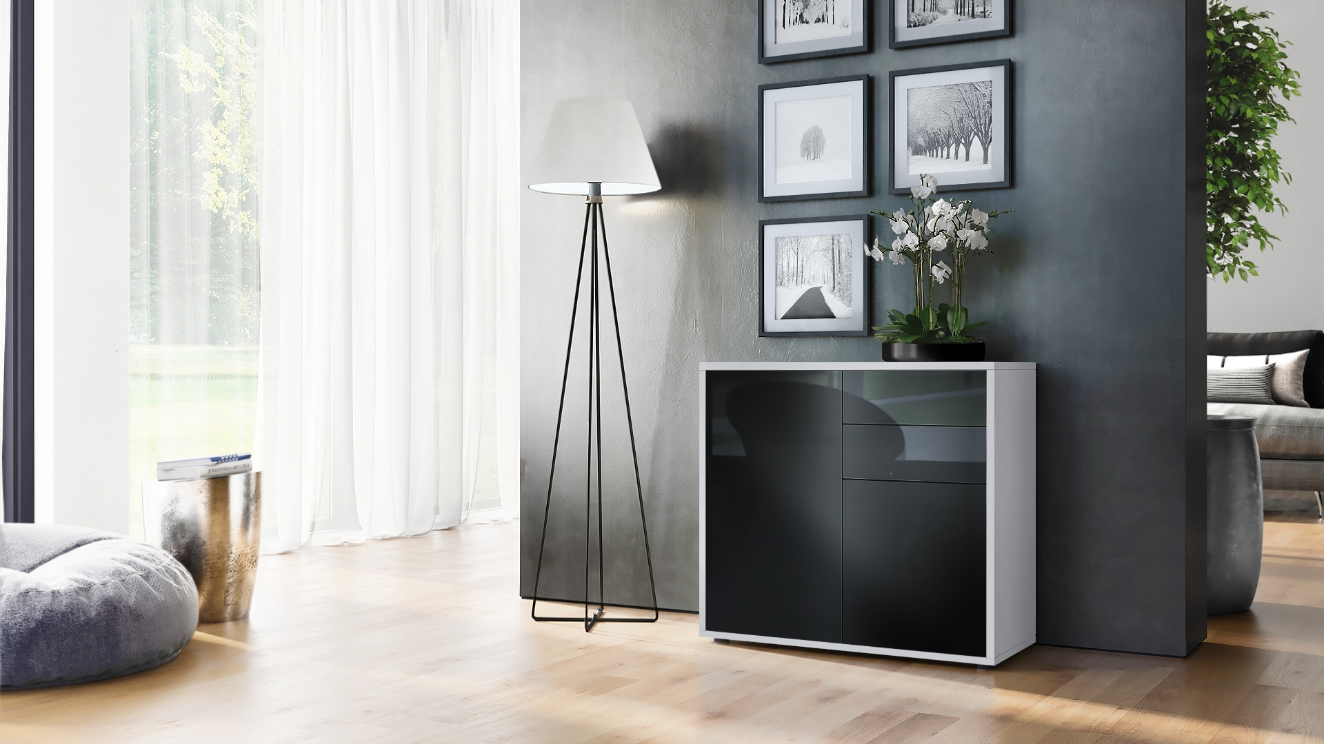 Kommode Ben  mit 2 Türen und 2 Schubladen Weiß matt/Schwarz Hochglanz (79 x 74 x 36 cm)
