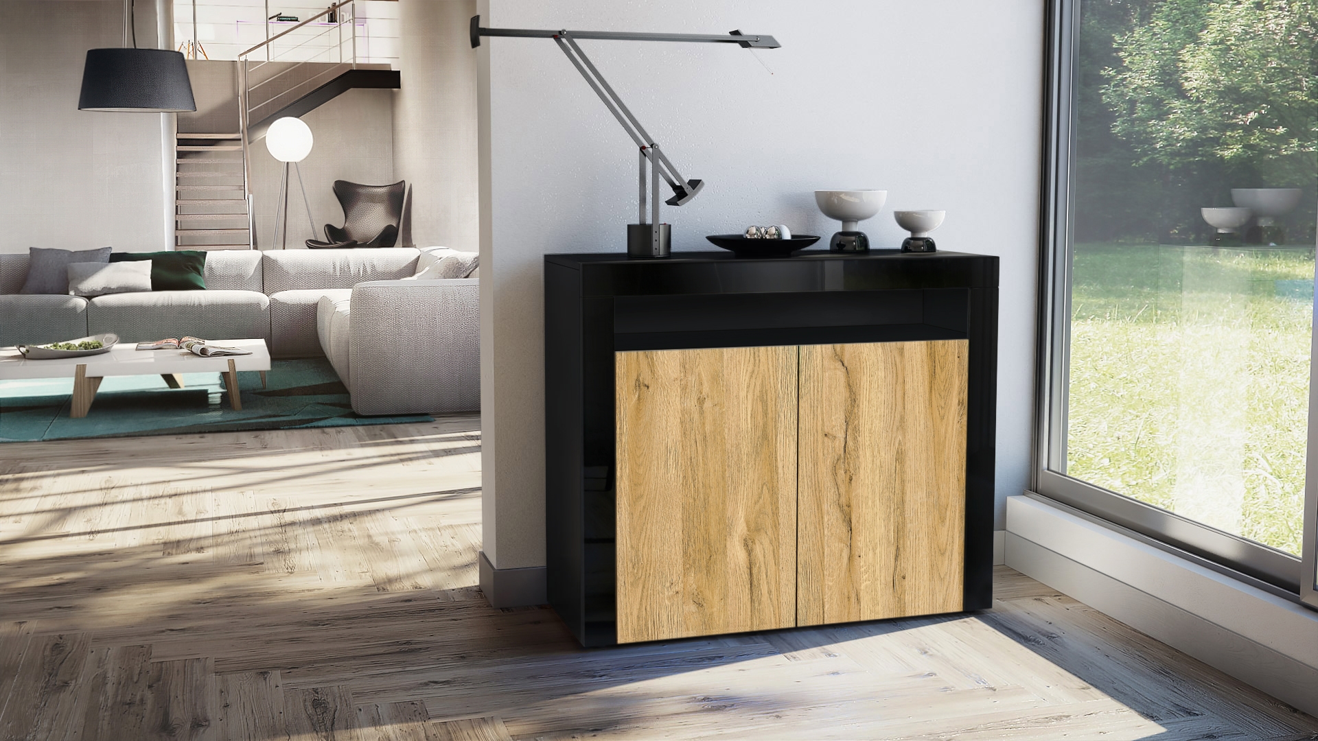 Kommode Valencia Sideboard mit 2 Türen und 1 offenem Fach Schwarz matt/Eiche Natur/Schwarz Hochglanz (108 x 92 x 40 cm)