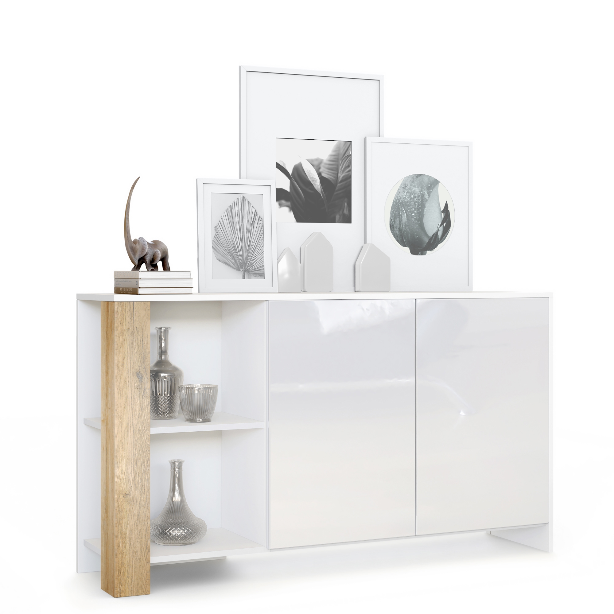 Sideboard Canto mit 2 Türen und 6 Fächern Weiß matt, Weiß Hochglanz, Eiche Natur