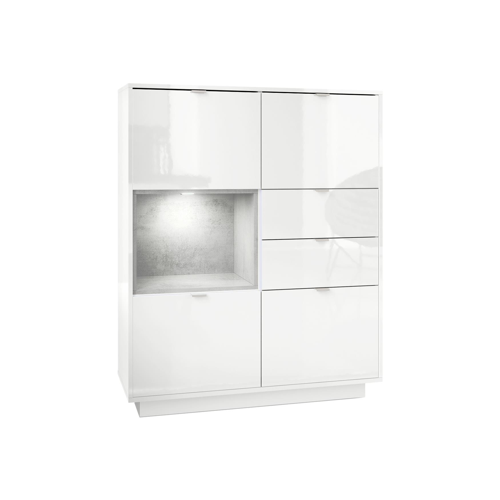 Highboard Metro  mit 4 Türen, 2 Schubladen und 1 offenem Fach Weiß Hochglanz/Beton Oxid Optik inkl. LED Beleuchtung (103x123x38 cm)