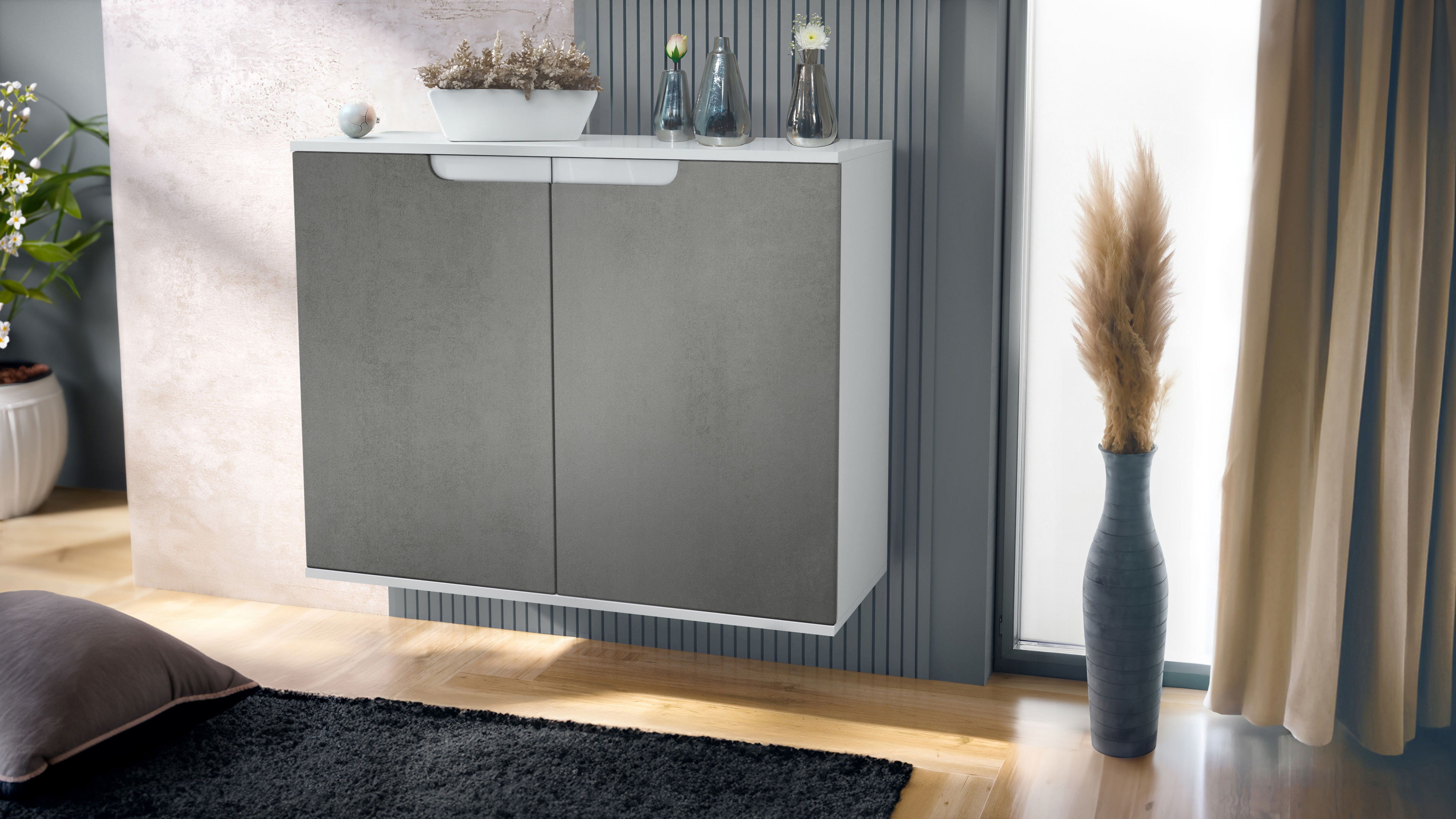 Sylt V3 Kommode Weiß mit 2 großen Türen Weiß matt / Beton Dunkel Optik (92,5 x 73.5 x 35)