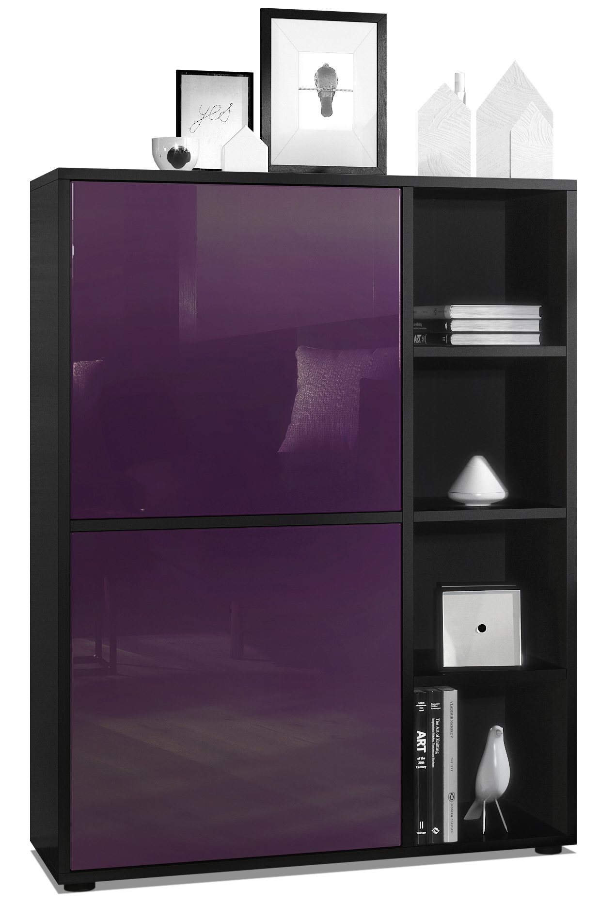 Highboard Cuba  mit 2 Türen und 4 offene Fächer Schwarz matt/Brombeer Hochglanz (79 x 105,5 x 35,5 cm)