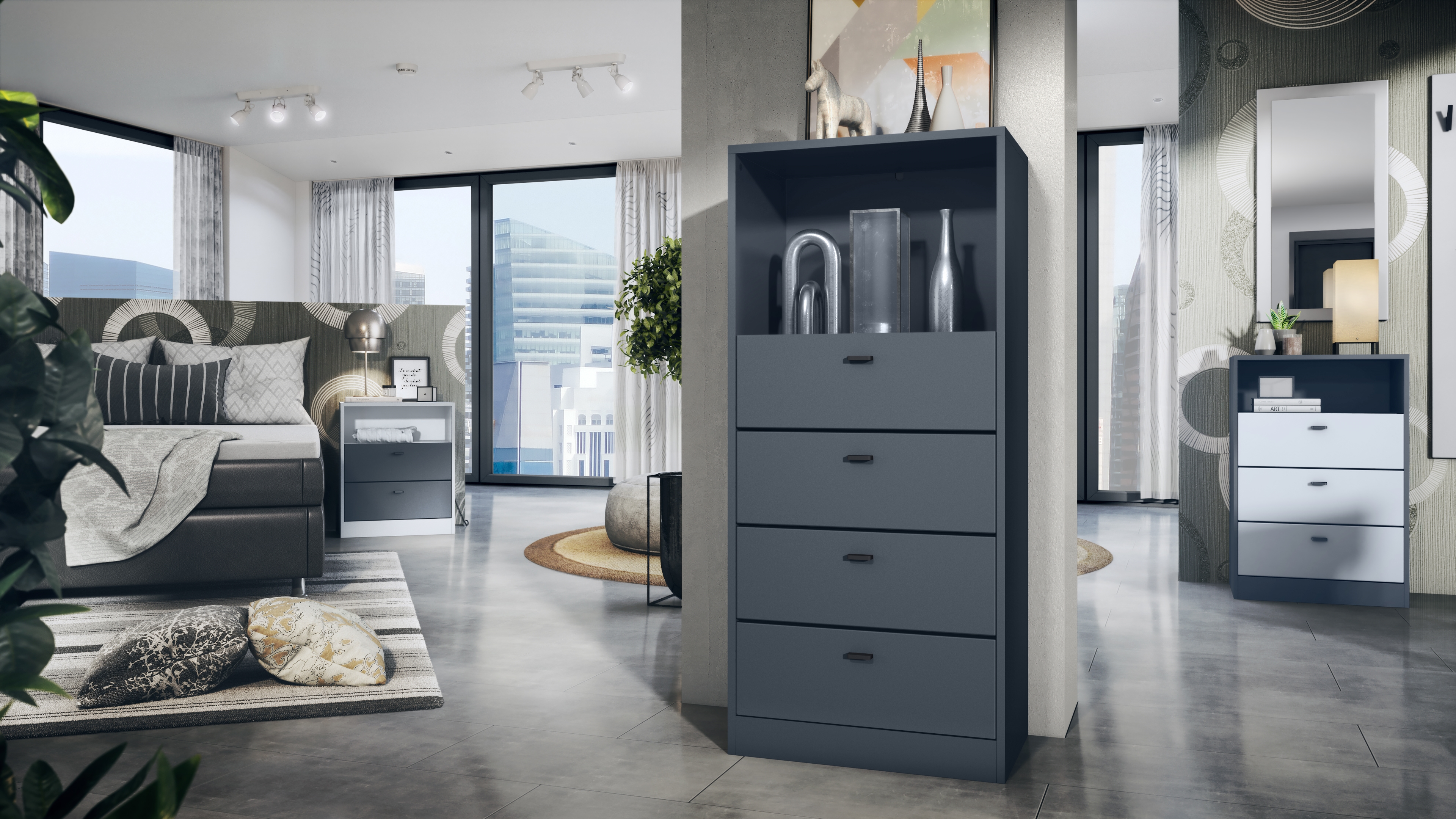 Pino V3 Kommode  mit 4 Schubladen & 1 offenem Fach,  Anthrazit matt (56 x 125 x 36 cm)