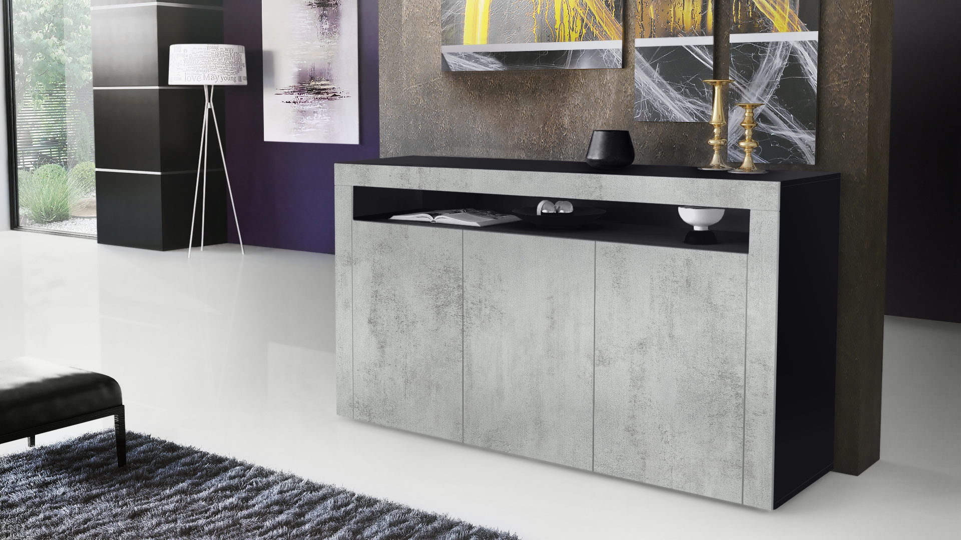 Sideboard Valencia mit 3 Türen und 1 offenem Fach Schwarz matt/Beton Oxid Optik/Beton Oxid Optik (155 x 92 x 40 cm)