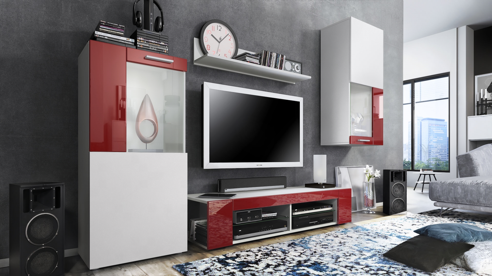 Wohnwand Movie 4-tlg. Weiß   bestehend aus 1 TV-Board, 2 Vitrinen und 1 Regal Weiß matt/Weiß matt/Bordeaux Hochglanz (Gesamt: 300 x 190 x 39 cm)