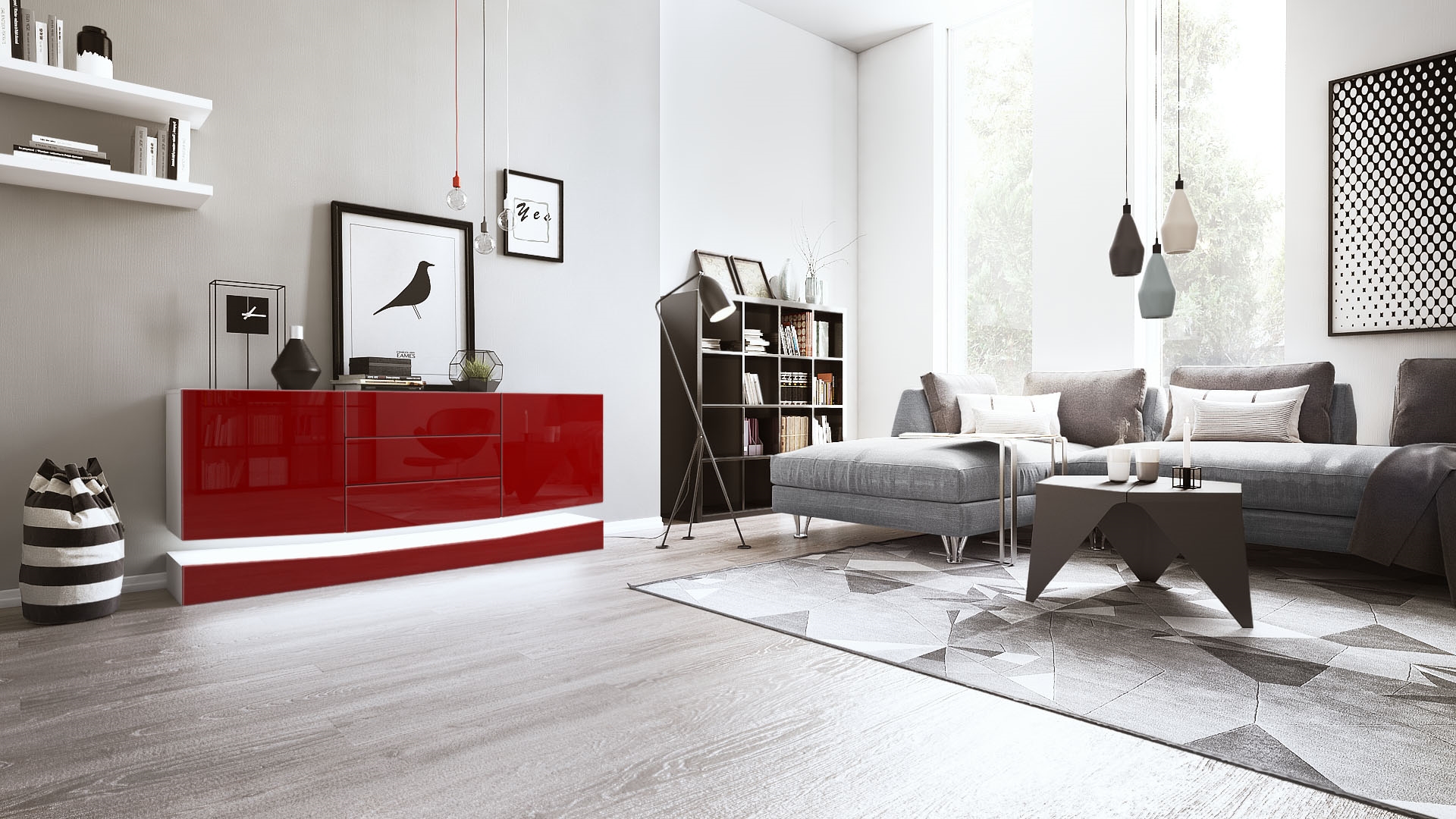 Sideboard City und 3 Schubladen inkl. LED-Beleuchtung,  Weiß matt/Bordeaux Hochglanz (178 x 72 x 38 cm)