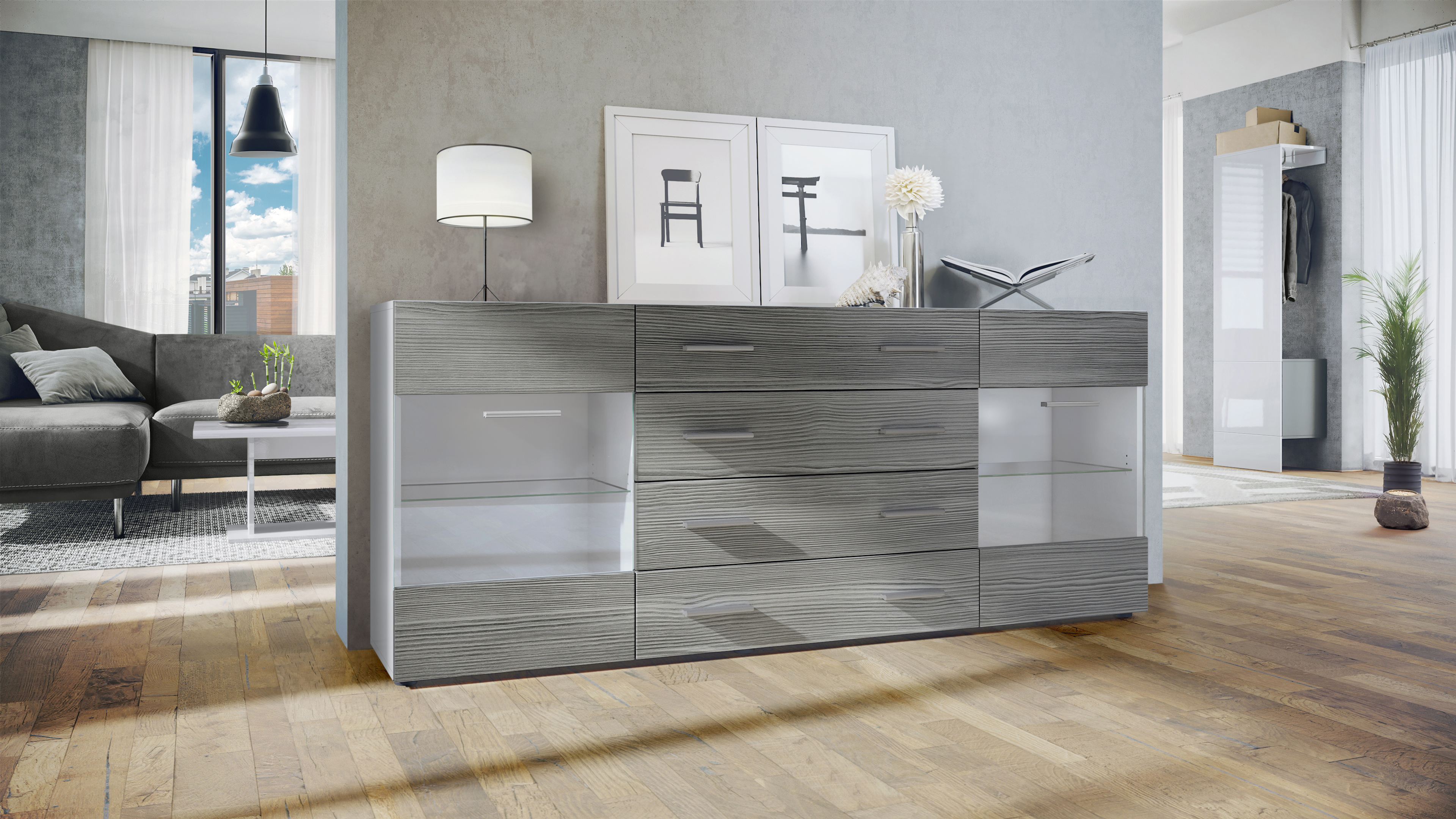 Sideboard Bari V2 4 Schubladen und 2 flexible Glaseinlegeböden Weiß matt/Avola-Anthrazit (166 x 72 x 35)