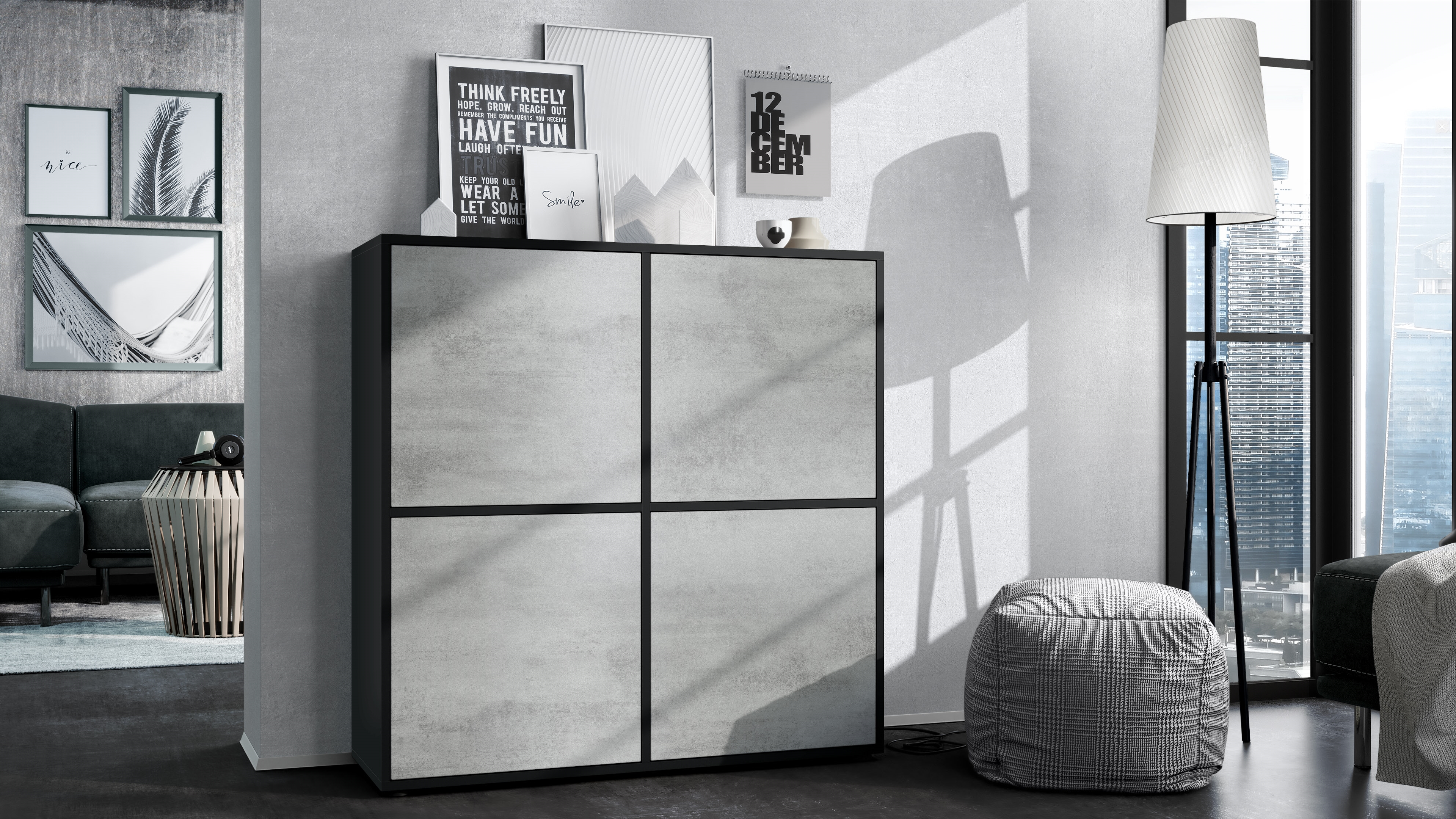 Highboard Cuba V2 Sideboard mit 4 Push-to-Open Türen, Made in Germany Schwarz matt / Beton Oxid Optik (104 x 105,5 x 35,5 cm)
