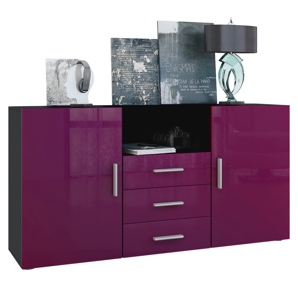 Sideboard Skadu  mit 2 Türen, 3 Schubladen und 1 offenem Fach Schwarz matt/Brombeer Hochglanz (138,5 x 71,5 x 35 cm)