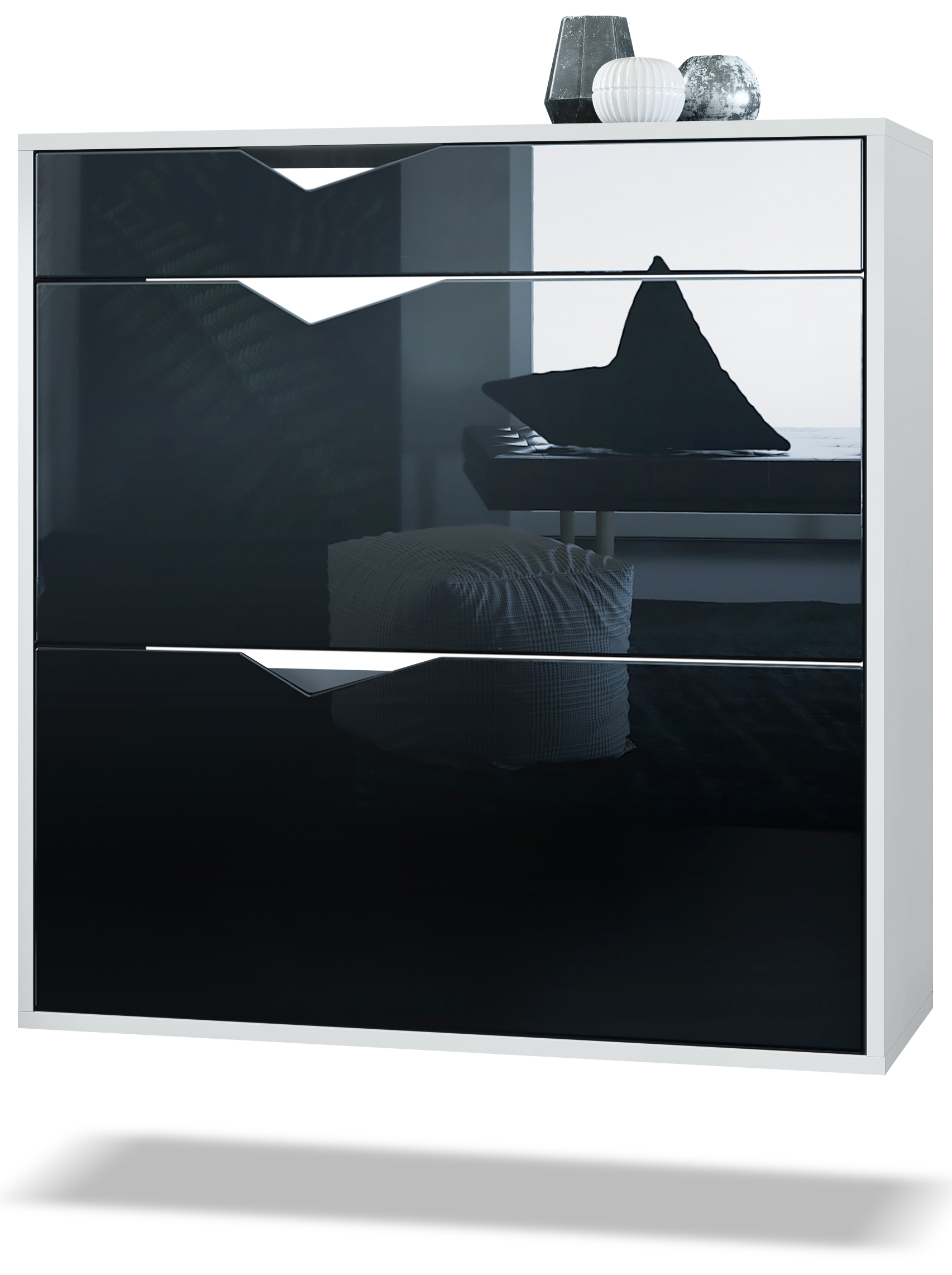 Schuhschrank Kolmio  für 16 Paar Schuhe mit 2 Klappen und Schublade Weiß matt/Schwarz Hochglanz (85 x 87 x 33 cm)
