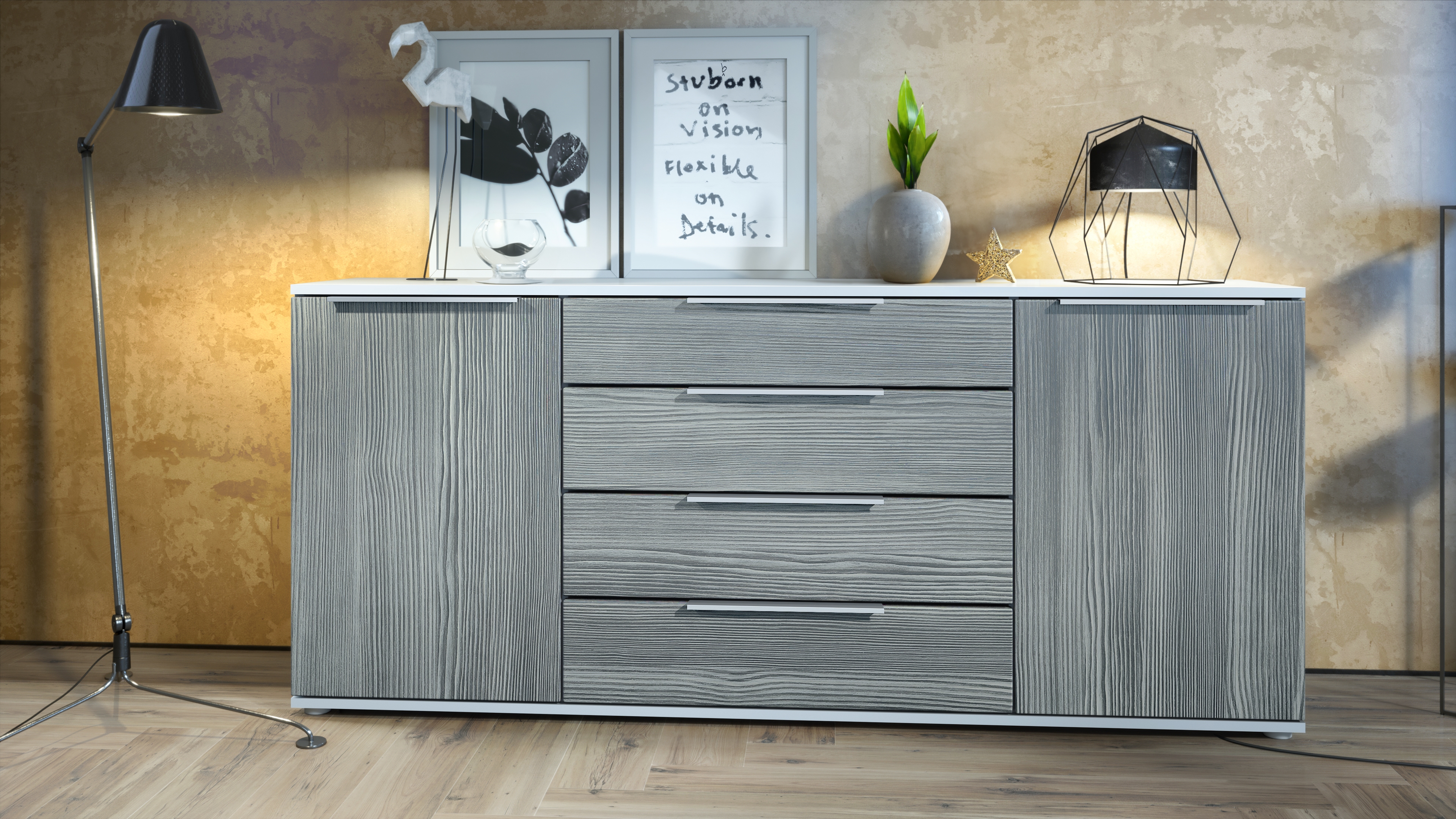 Linio V2 Sideboard mit 2 Türen und 4 Schubladen Weiß matt/Avola-Anthrazit (166,5 x 72,5 x 35 cm)