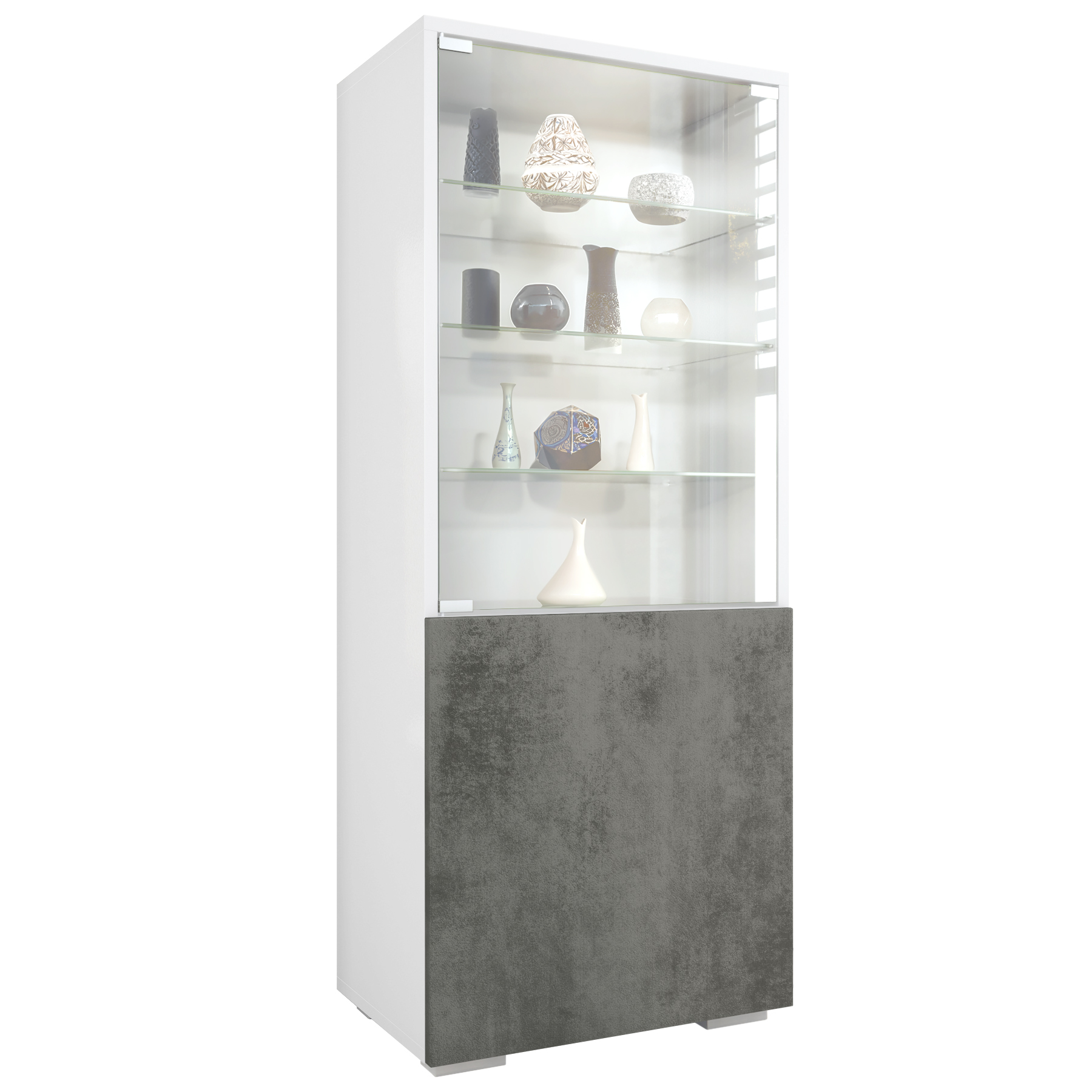 Granada Vitrine Weiß mit Glastür und Glaseinsatz Weiß matt/Beton Dunkel Optik (50 x 122,5 x 34,5 cm)