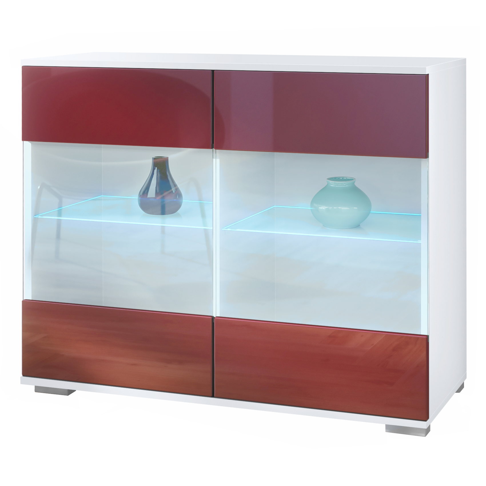 Bari V3 Kommode Weiß + LED mit 2 großen Glastüren inkl. RGB Beleuchtung Weiß matt / Bordeaux Hochglanz (92,5 x 75.5 x 35)