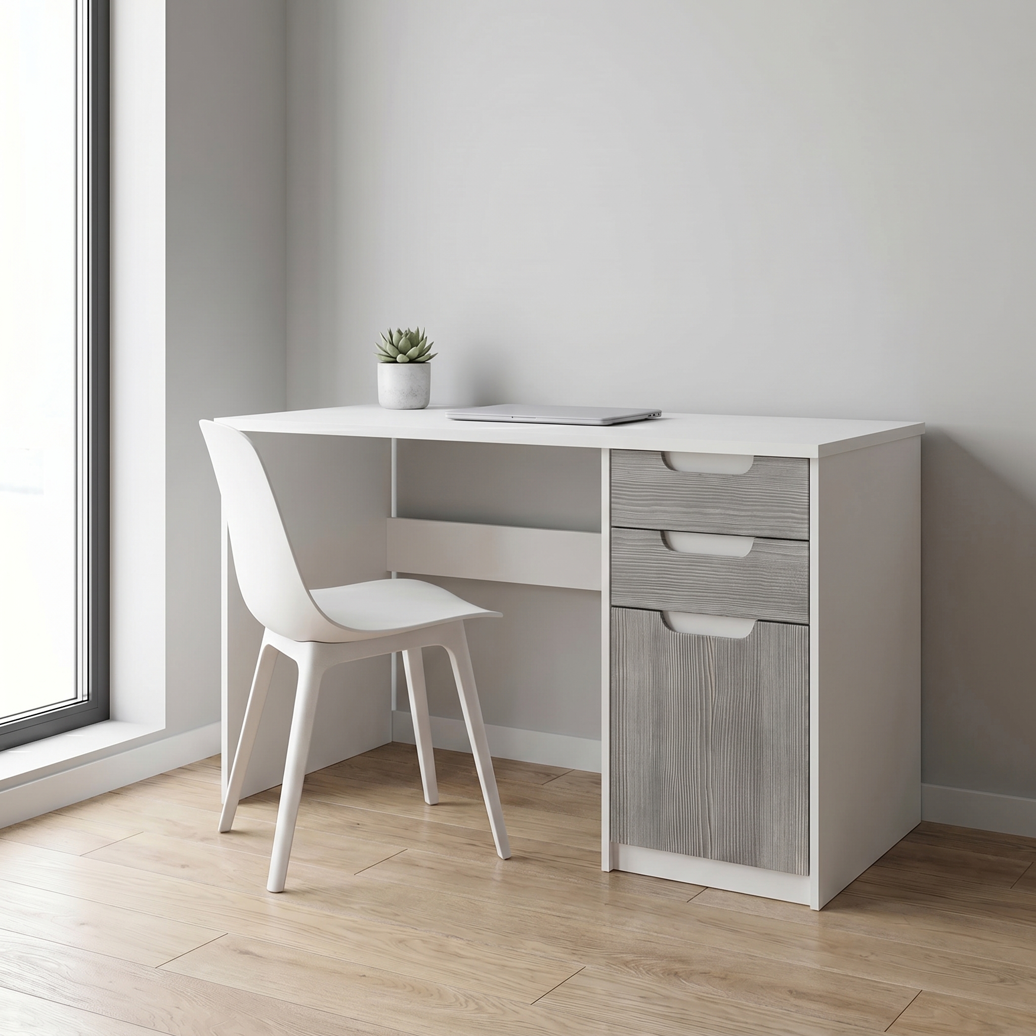 Schreibtisch Logan mit 2 Schubladen und 1 Tür Weiß matt/Avola-Anthrazit (129 x 76 x 60 cm)