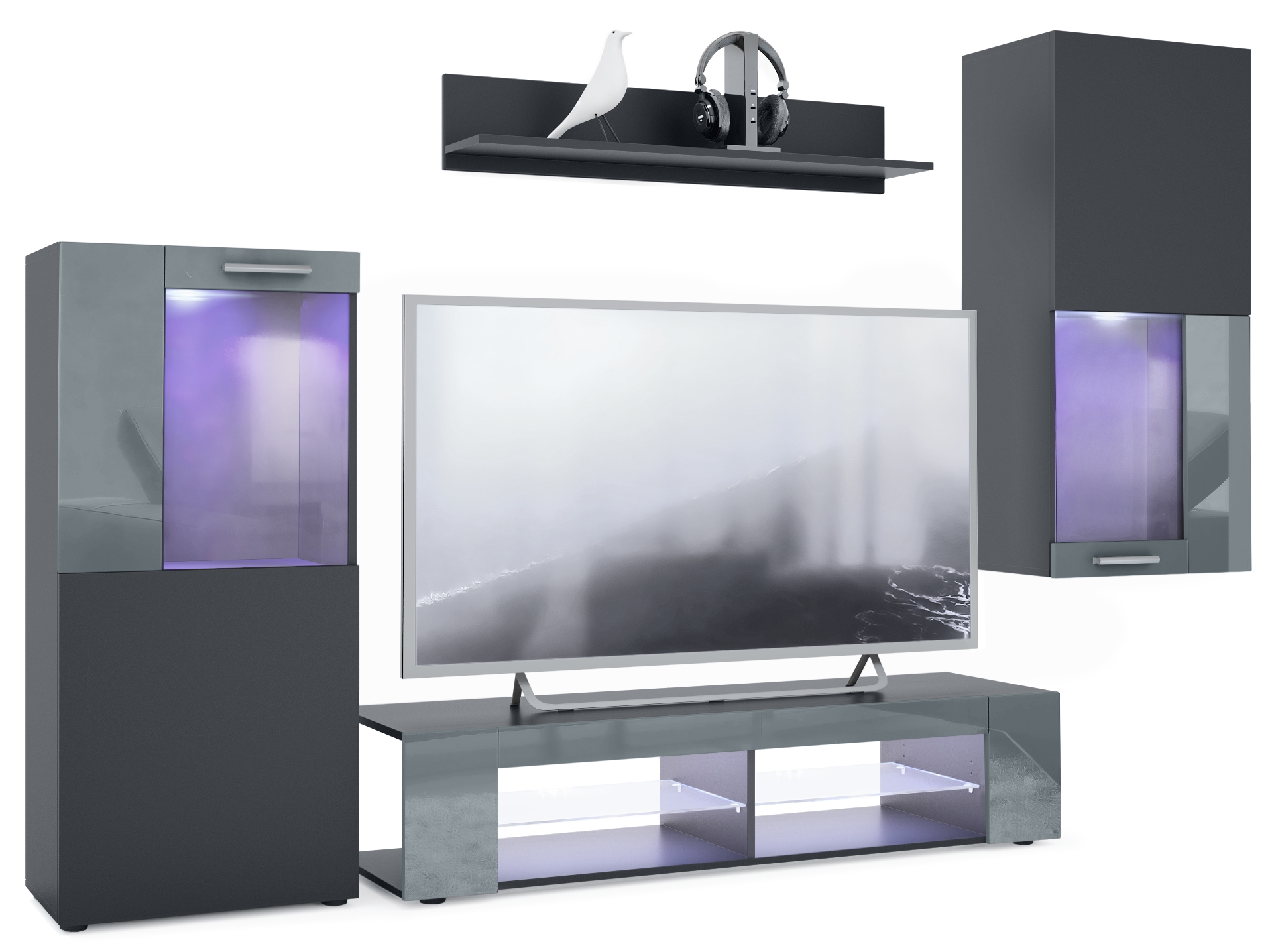 Wohnwand Movie 4-tlg. Schwarz mit LED  bestehend aus 1 TV-Board, 2 Vitrinen und 1 Regal Schwarz matt/Grau glänzend mit Beleuchtung (300x190x39 cm)