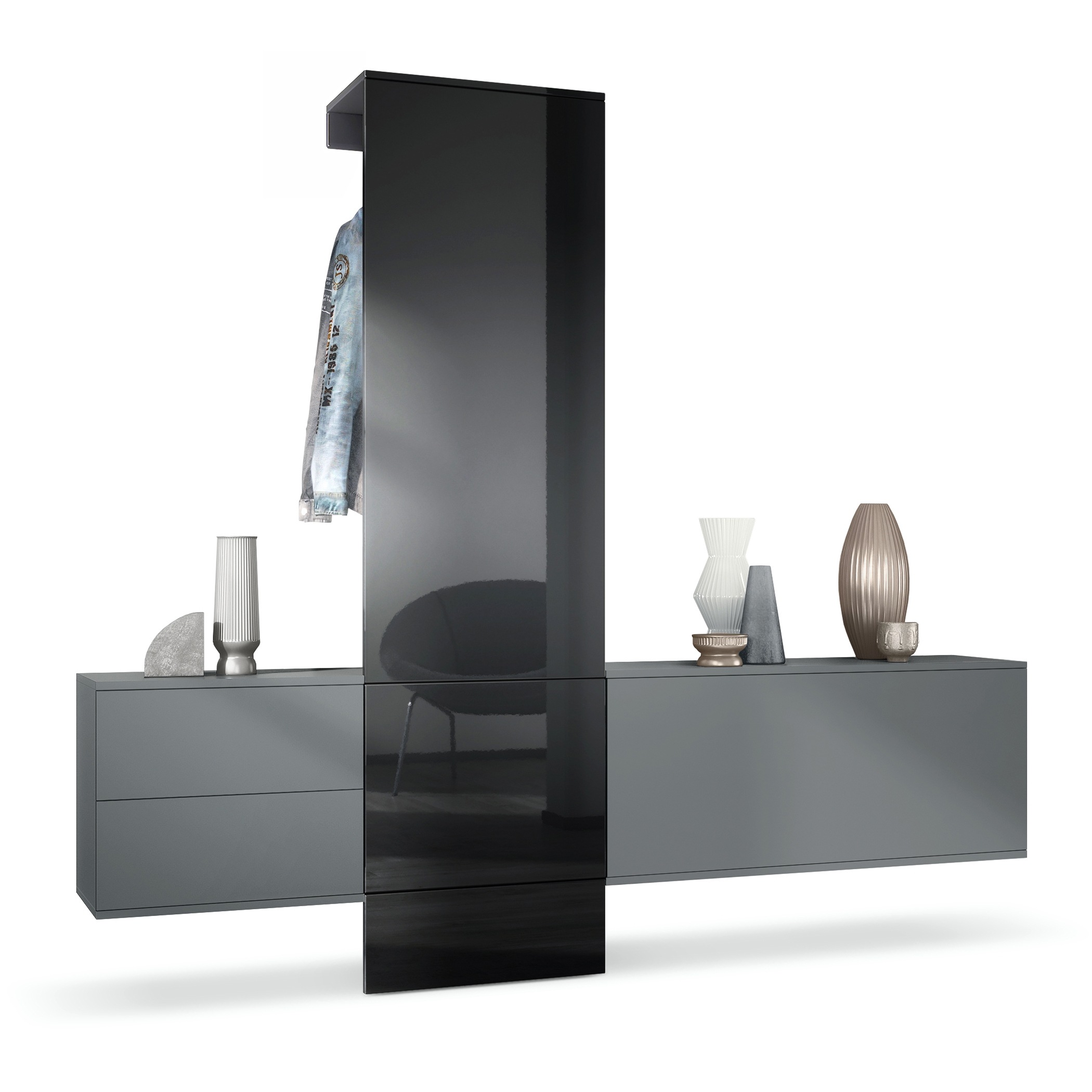 Garderobe Carlton Set 1 Anthrazit 4-tlg. 1 Paneel, 1 Schubkastenschrank und 1 Schrankmodul Anthrazit matt/Schwarz Hochglanz (209 x 193 x 35 cm)