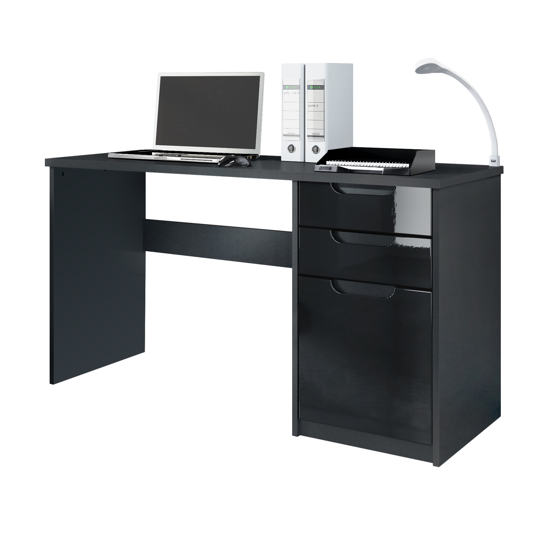 Schreibtisch Logan mit 2 Schubladen und 1 Tür Schwarz matt/Schwarz Hochglanz (129 x 76 x 60 cm)