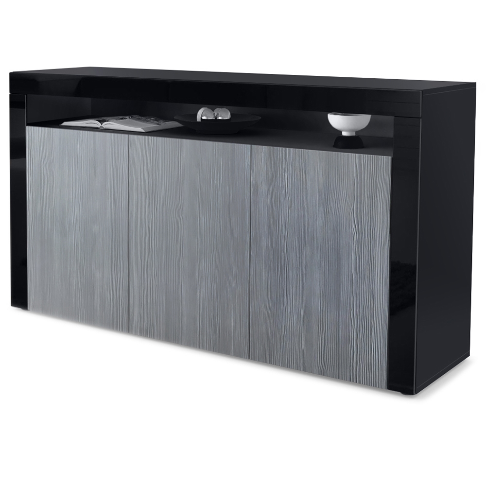 Sideboard Valencia mit 3 Türen und 1 offenem Fach Schwarz matt/Avola-Anthrazit/Schwarz Hochglanz (155 x 92 x 40 cm)