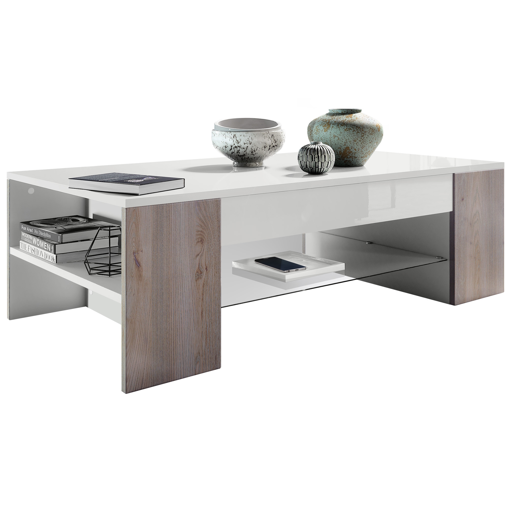 Tisch Clip  mit 2 Seitenfächern und 1 Glasplatte Weiß matt/ Eiche Nordic (118 x 37 x 60 cm)