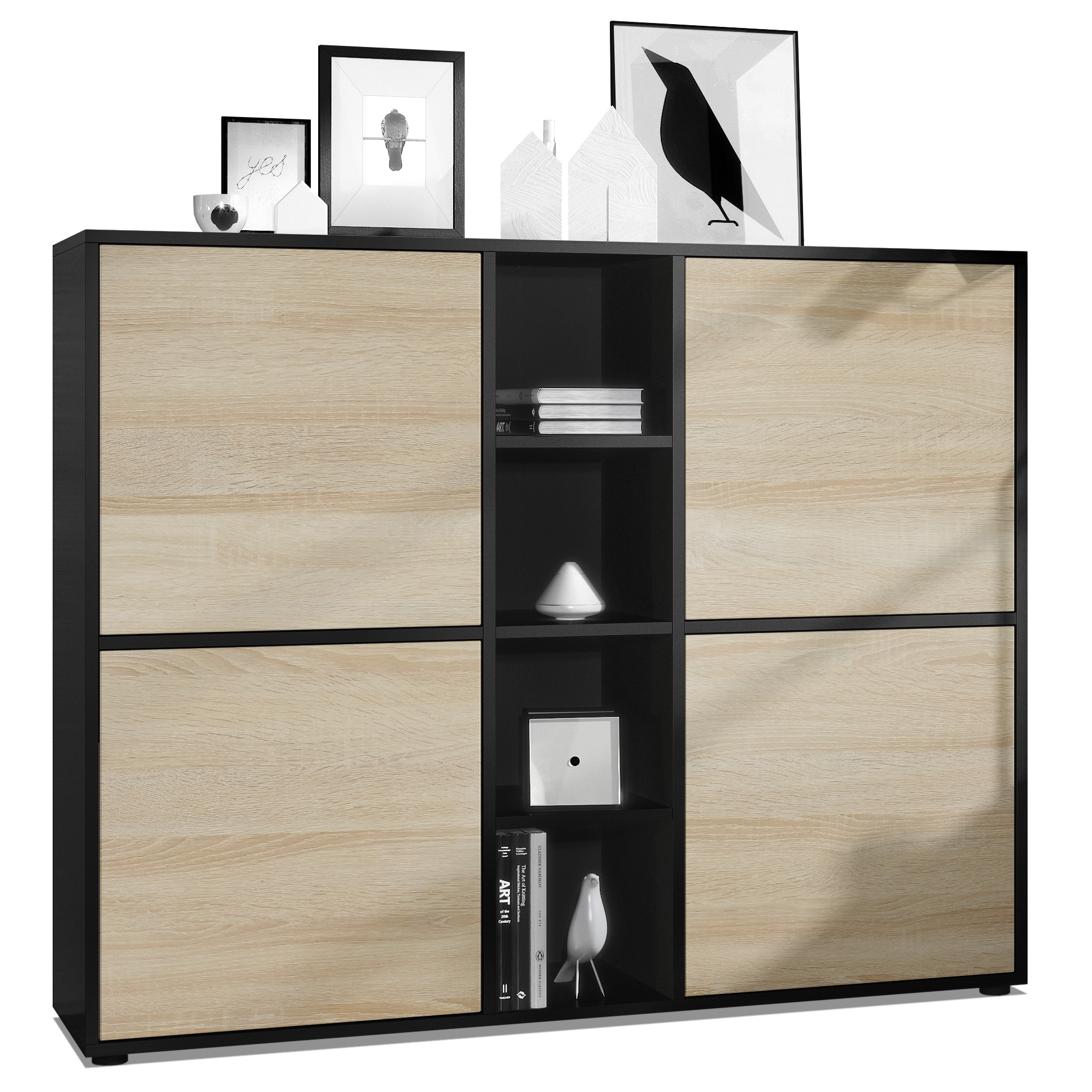 Highboard Cuba V3 Schrank Anrichte Cuba V3 mit 12 Fächern Korpus in Schwarz matt / in Eiche sägerau (130,5x105,5x35,5 cm)