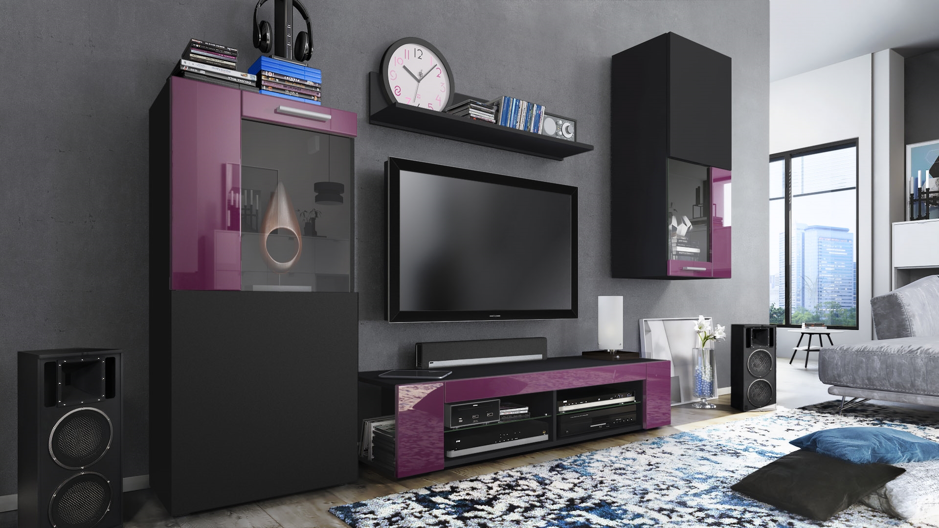 Wohnwand Movie 4-tlg. Schwarz   bestehend aus 1 TV-Board, 2 Vitrinen und 1 Regal Schwarz matt/Schwarz matt/Brombeer Hochglanz (Gesamt: 300x190x39 cm)