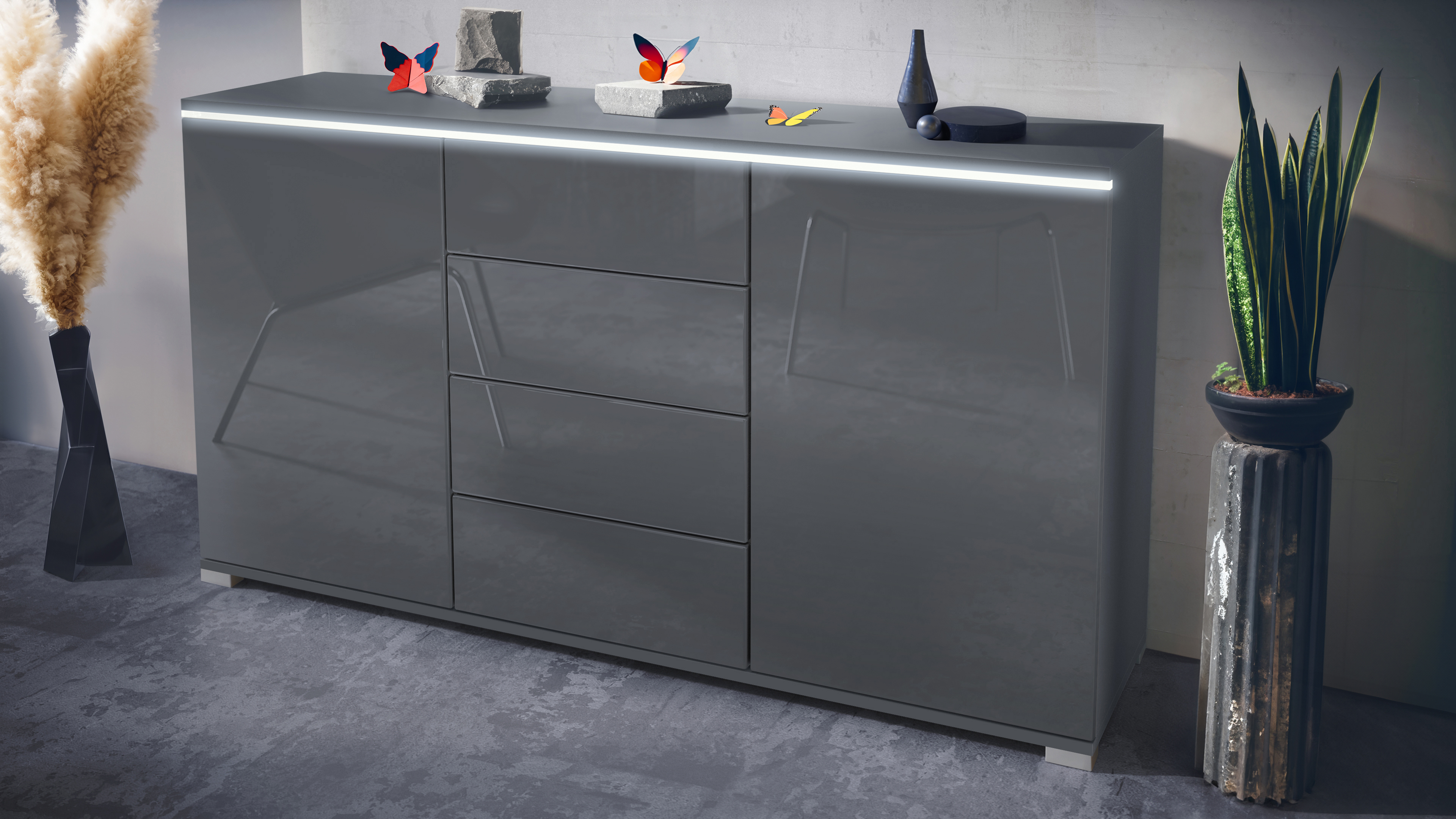 Sideboard Faro V1 Anthrazit Schrank mit LED Lichtleiste Anthrazit matt / Grau Hochglanz (138,5 x 75,5 x 35)