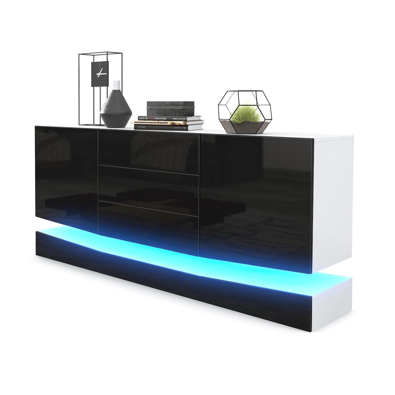 Sideboard City und 3 Schubladen inkl. LED-Beleuchtung Weiß matt/Schwarz Hochglanz (178 x 72 x 38 cm)