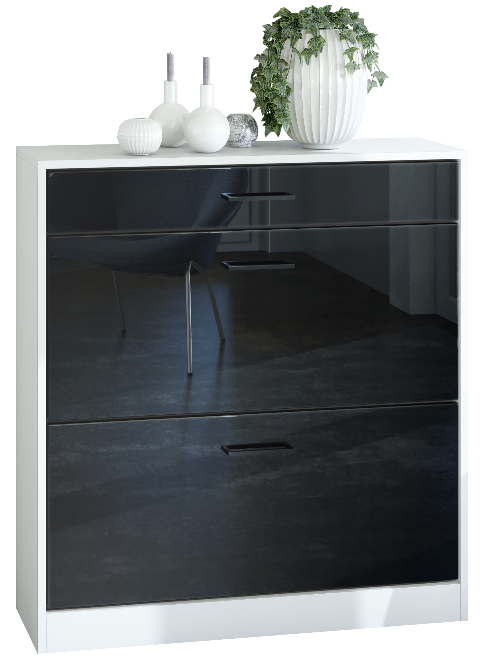 Schuhschrank Elvas  für 16 Paar Schuhe mit 2 Klappen und Schublade Weiß matt / Schwarz Hochglanz, (89 x 95,5 x 27 cm)