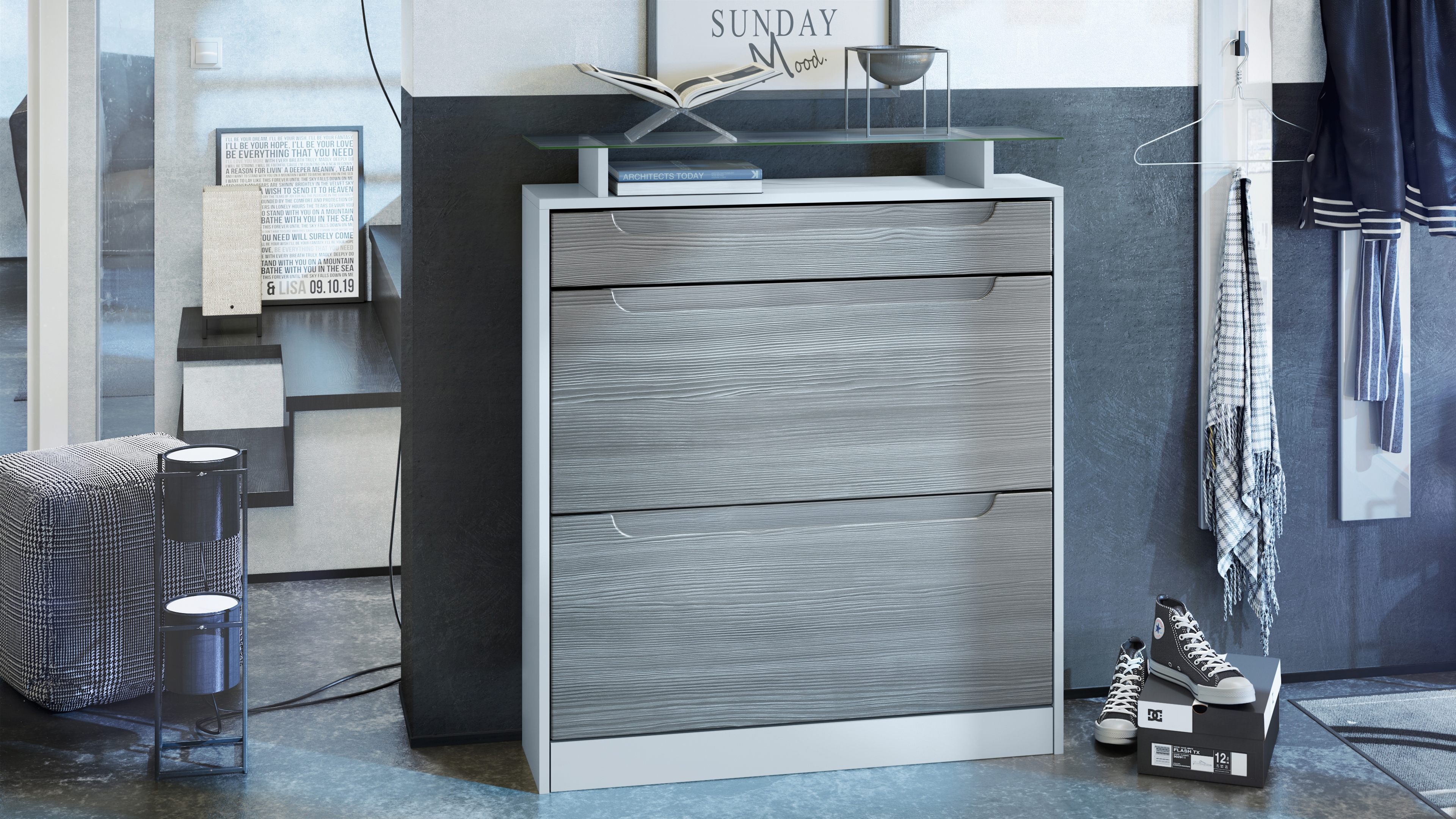 Schuhschrank Fiesta mit 2 Klappen, 1 Schublade und Glasablage Weiß matt/Avola Anthrazit, Mulden in Avola-Anthrazit (89x104x23 cm)
