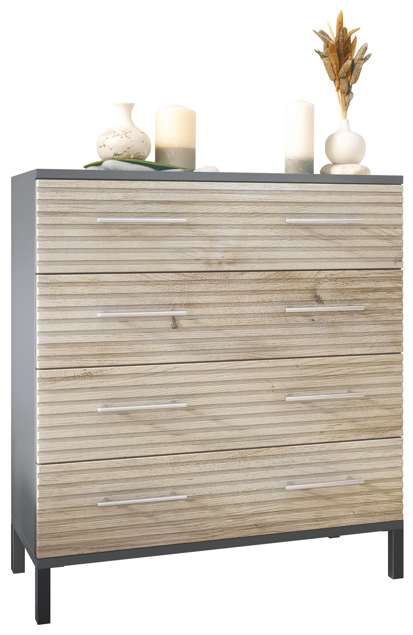 Kommode Pavos 3D mit 4 Schubladen 3D Anthrazit matt/Eiche Viking (76 x 84 x 35 cm) Kommode Pavos 3D mit 4 Schubladen 3D Anthrazit matt/Eiche Viking (76 x 84 x 35 cm)