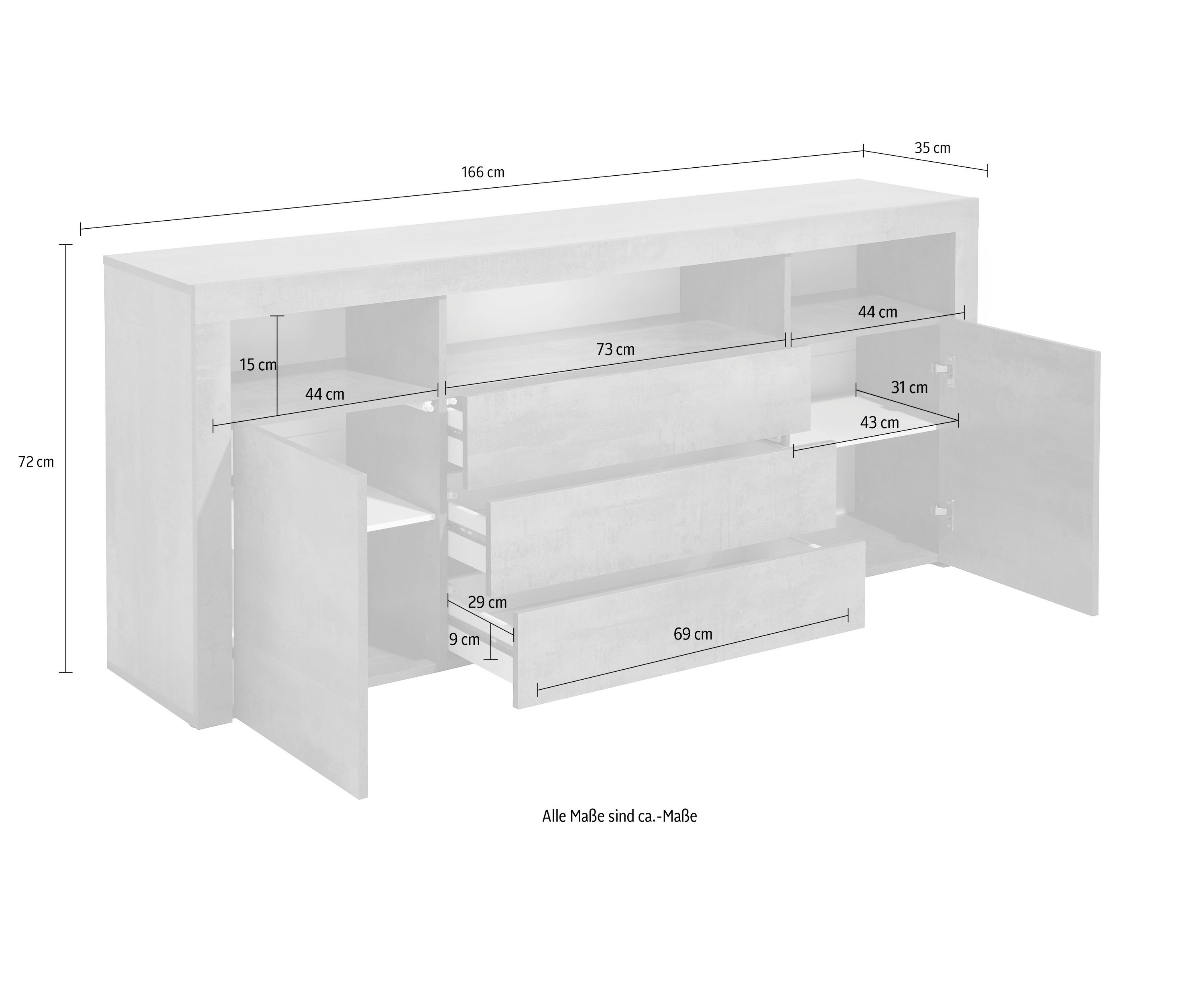 Denver Sideboard mit 2 Türen und 3 Schubladen Beton Oxid Optik (166 x 72 x 35 cm)
