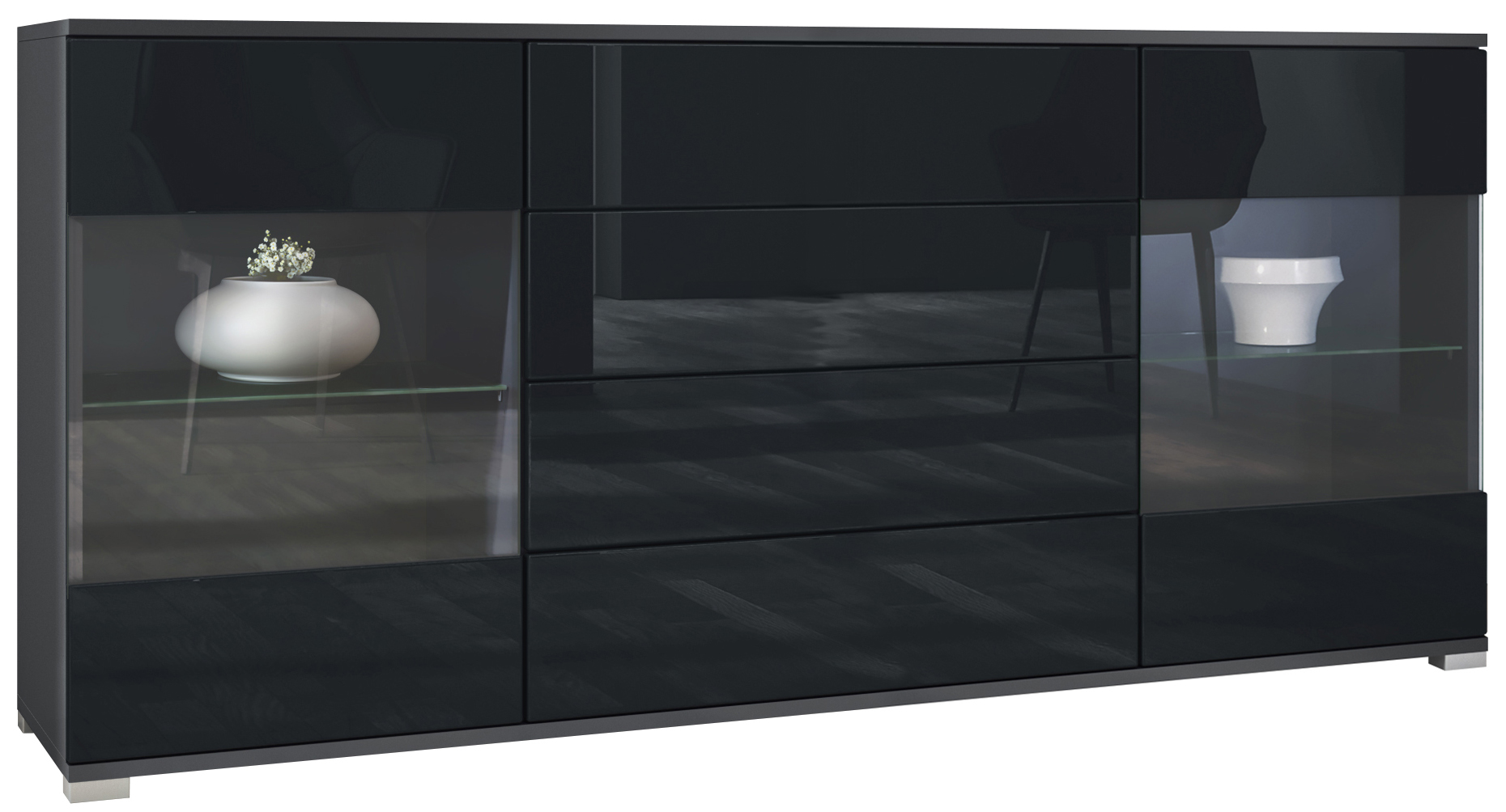 Sideboard Bari V2 Anthrazit 4 Schubladen und 2 flexible Glaseinlegeböden Anthrazit matt/Schwarz Hochglanz (166,5 x 75,5 x 35)