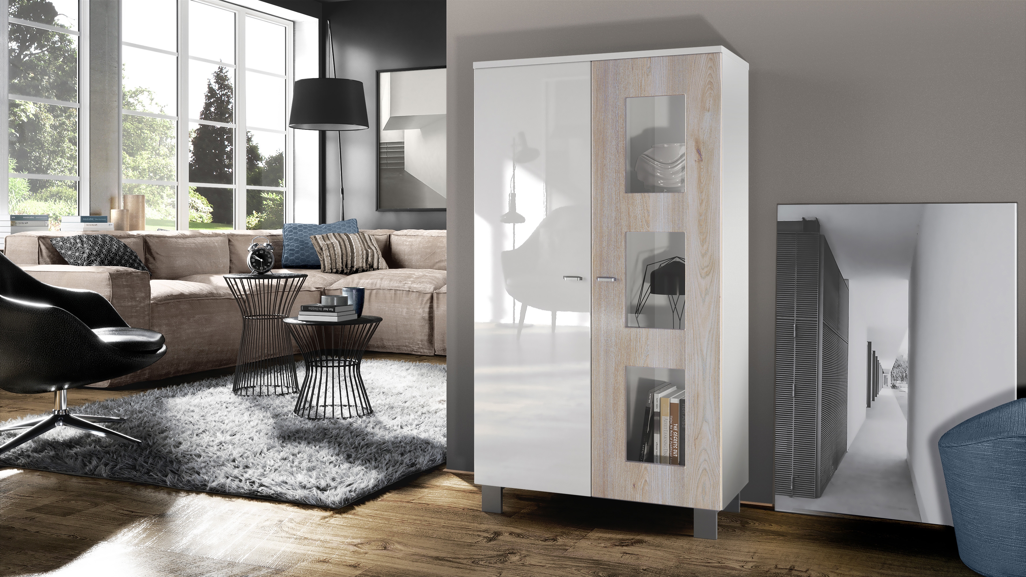 Vitrine Denjo  mit 2 Türen und 3 Glaseinsätzen Weiß matt/ Weiß Hochglanz/ Eiche Nordic (71 x 129 x 35 cm)