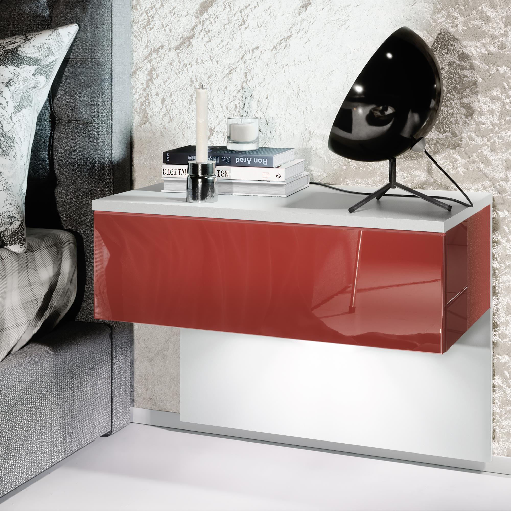 Nachttisch Sleep mit Schublade zur Wandmontage Weiß matt/Bordeaux Hochglanz (60 x 46 x 35 cm)