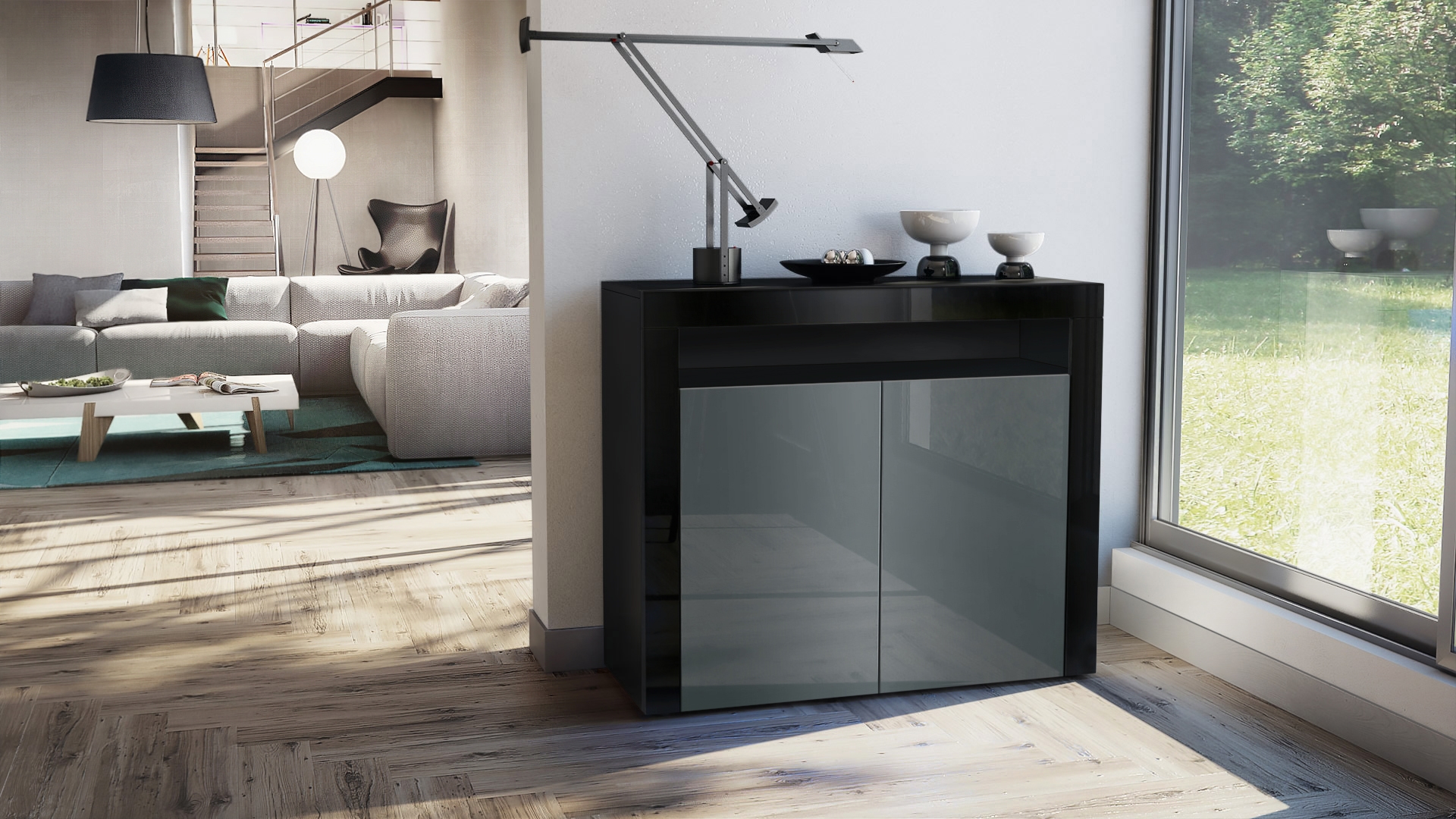 Kommode Valencia Sideboard mit 2 Türen und 1 offenem Fach Schwarz matt/Grau Hochglanz/Schwarz Hochglanz (108 x 92 x 40 cm)