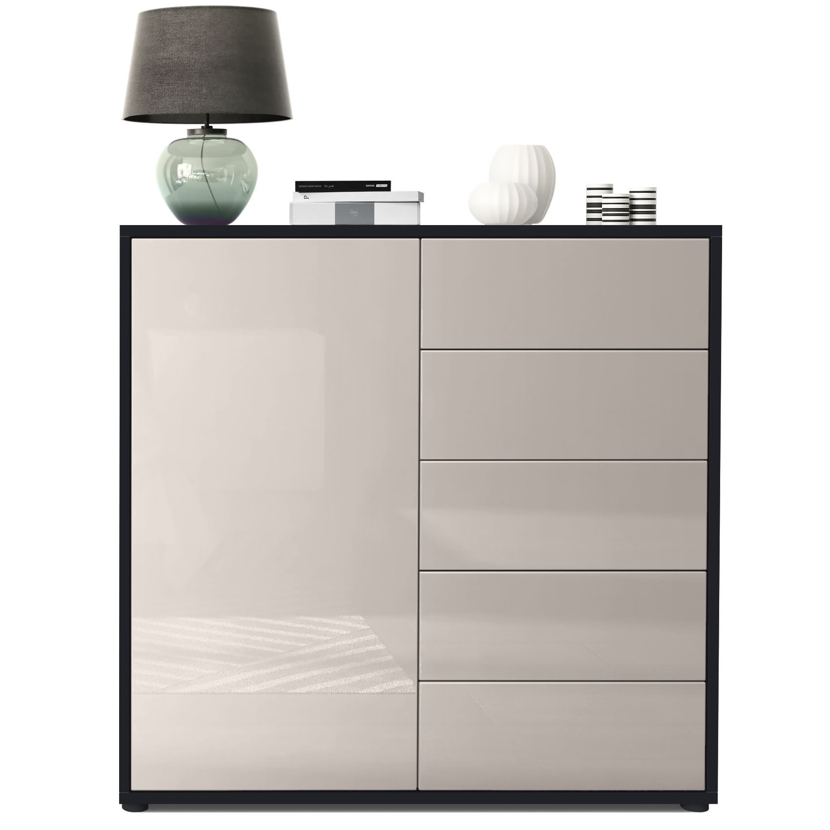 Kommode Ben V2  mit 1 Tür und 5 Schubladen Schwarz matt/Sandgrau Hochglanz (79 x 74 x 36 cm)
