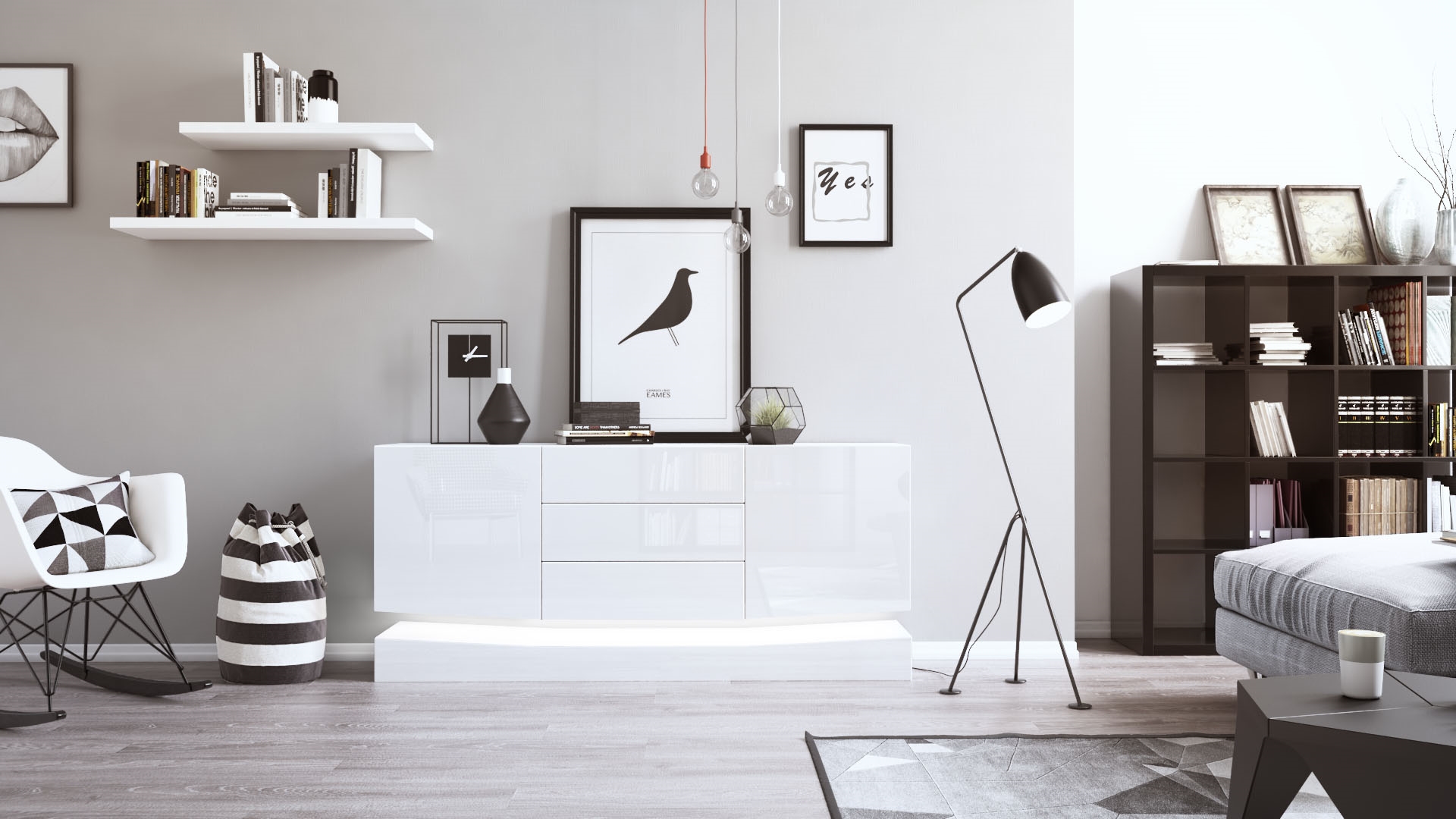 Sideboard City und 3 Schubladen inkl. LED-Beleuchtung,  Weiß matt/Weiß Hochglanz (178 x 72 x 38 cm)