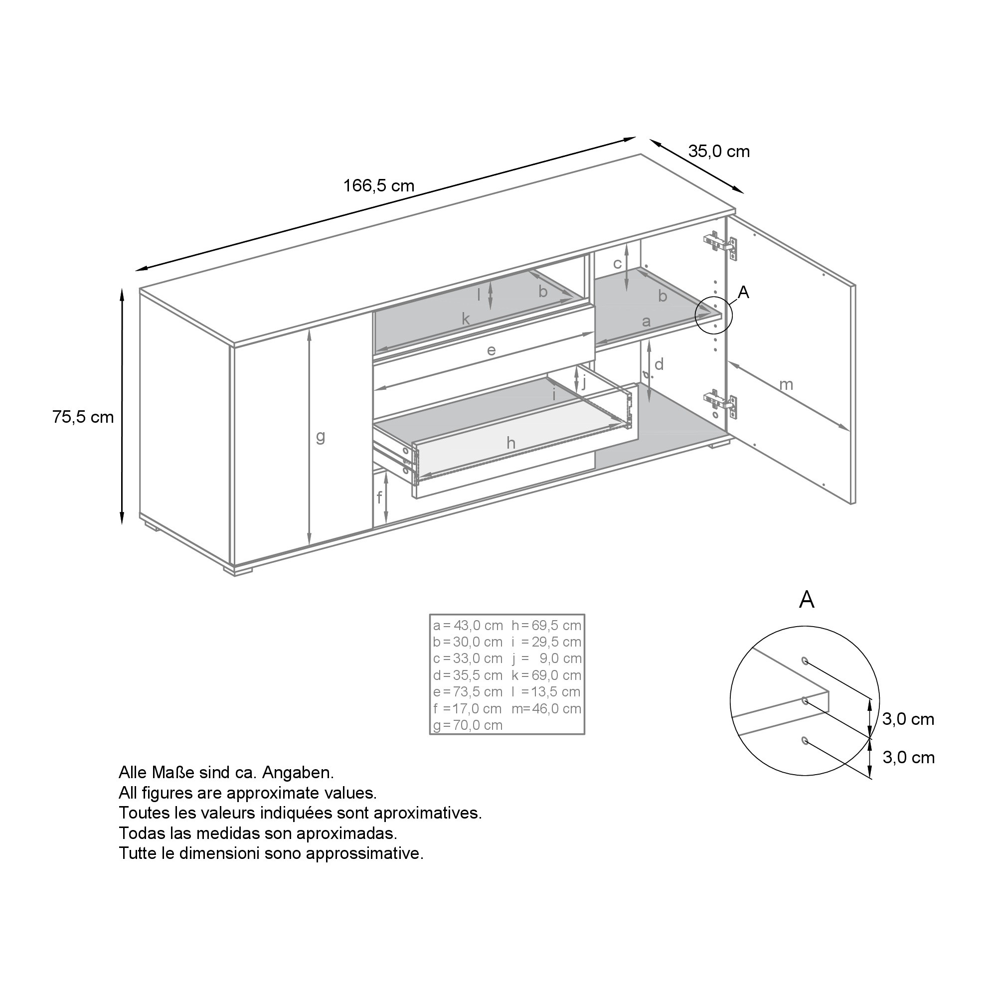 Skadu V4 Sideboard Anthrazit mit 2 Türen, 3 Schubladen und 1 offenem Fach Anthrazit matt/Grau Hochglanz (166,5 x 75,5 x 35 cm)