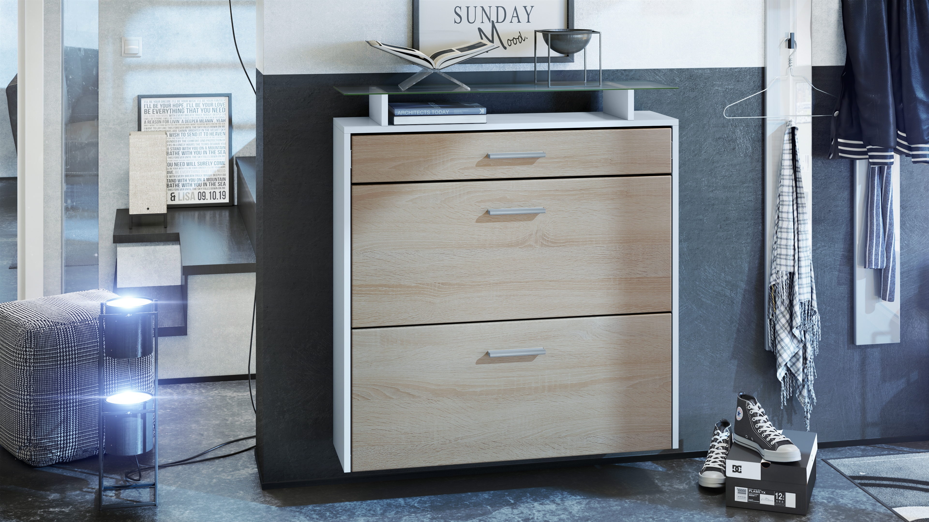 Schuhschrank Malea mit 2 Klappen und 1 Schublade und Glasablage Weiß matt/Eiche Sägerau (89 x 96 x 23 cm)