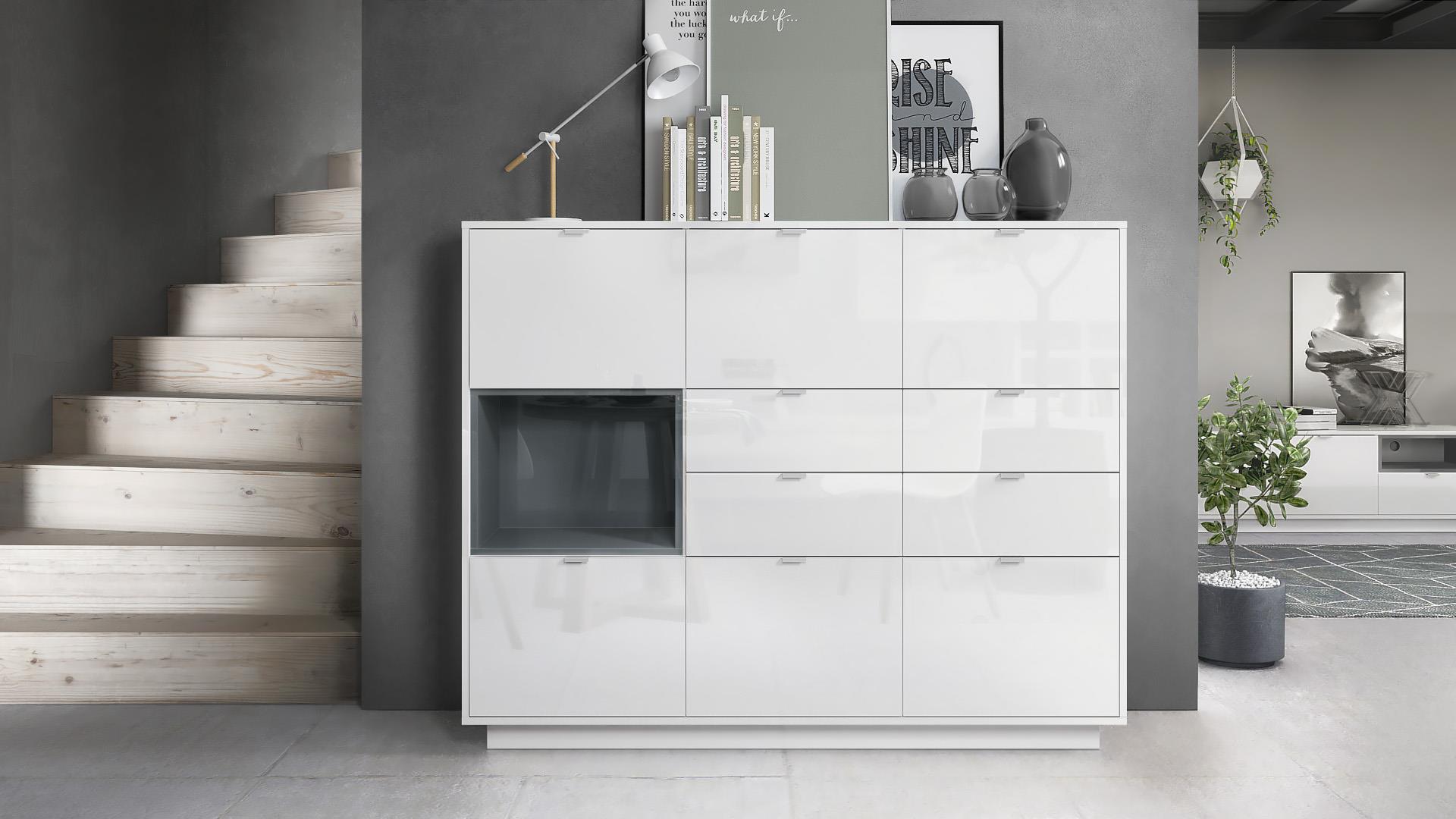 Highboard Metro V2  mit 6 Türen, 4 Schubladen und 1 offenem Fach Grau Hochglanz (153 x 123 x 37 cm)