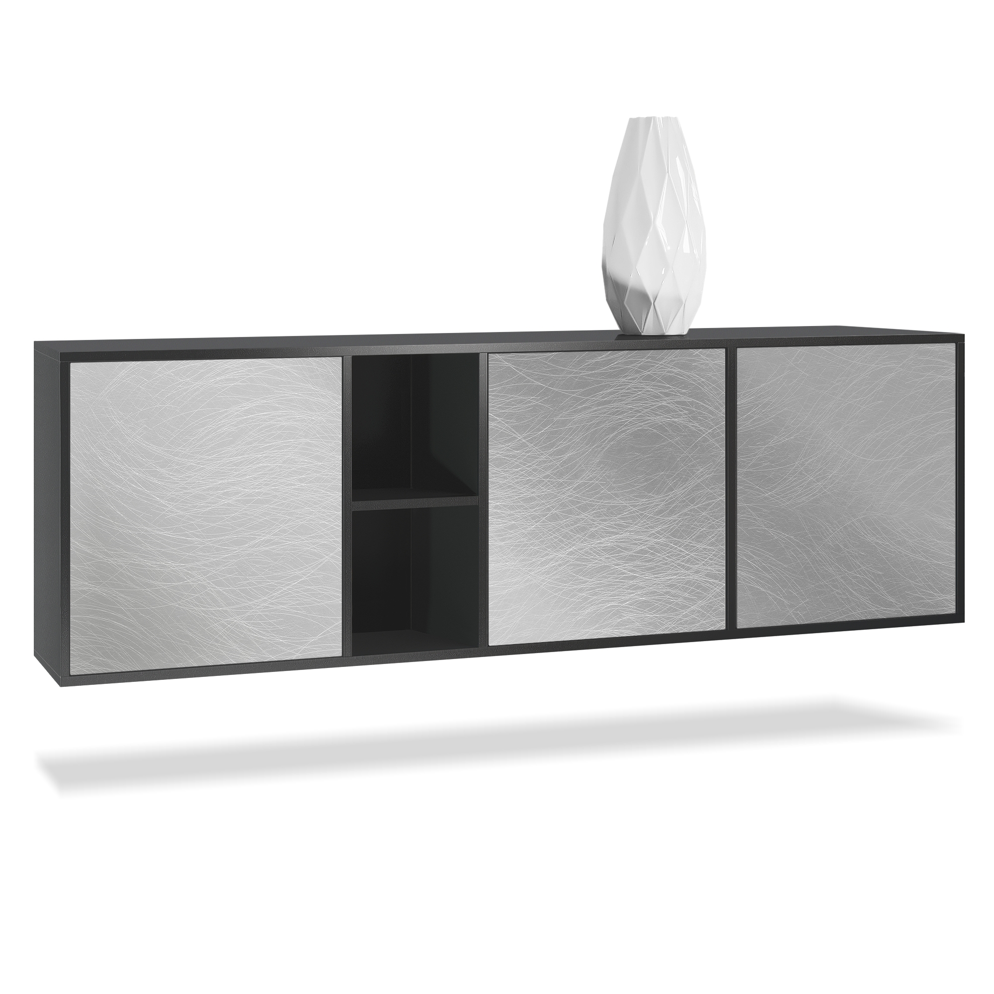 Sideboard Cuba  mit 3 Türen und 2 offene Fächer Schwarz matt/Scratchy Metal (182 x 53 x 35 cm)