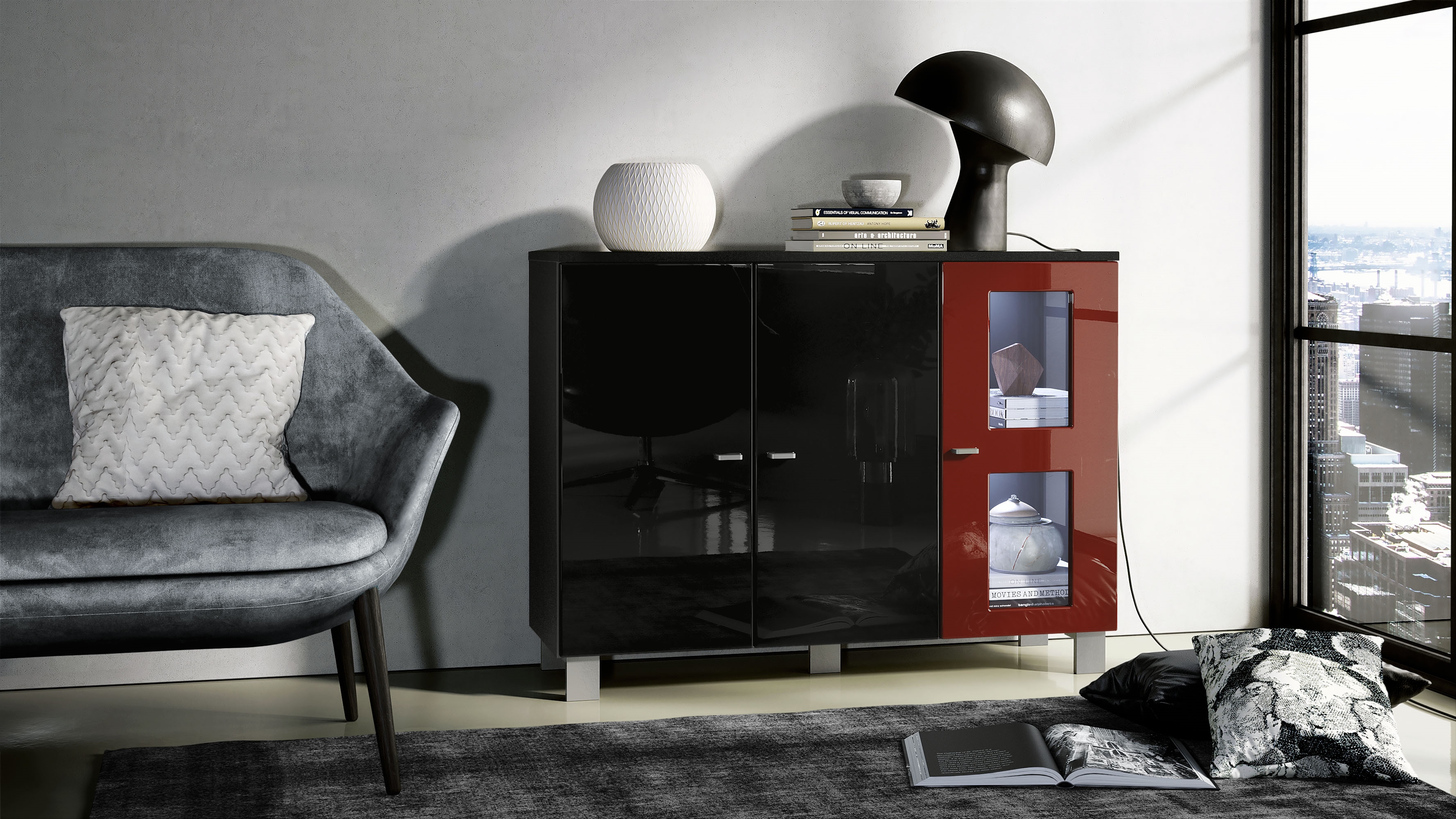 Sideboard Denjo  mit 3 Türen Schwarz matt&glänzend/Bordeaux glänzend mit Beleuchtung (107x81x35 cm)